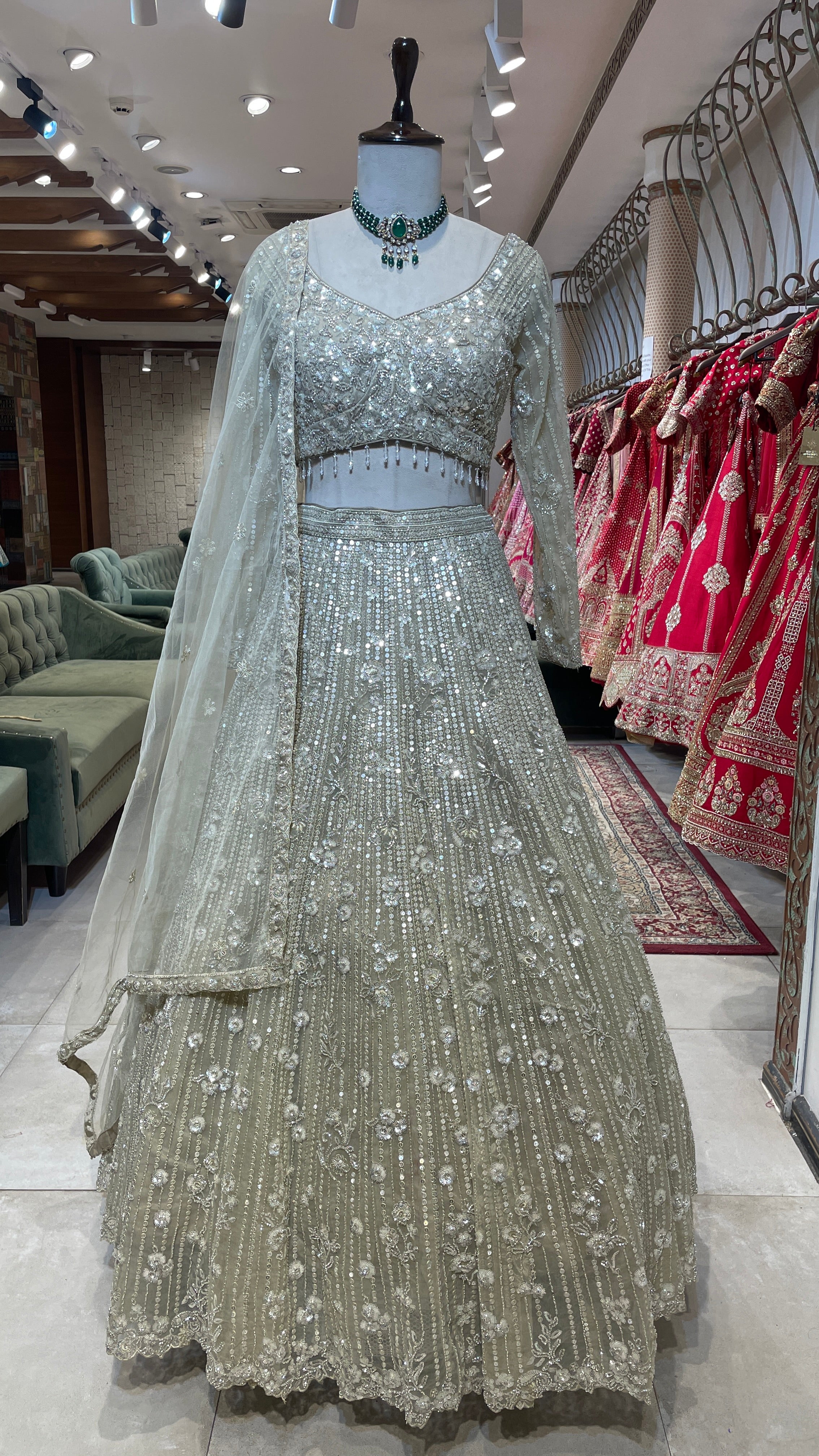 Cream Net Lehenga with Cutdana & Floral Motifs