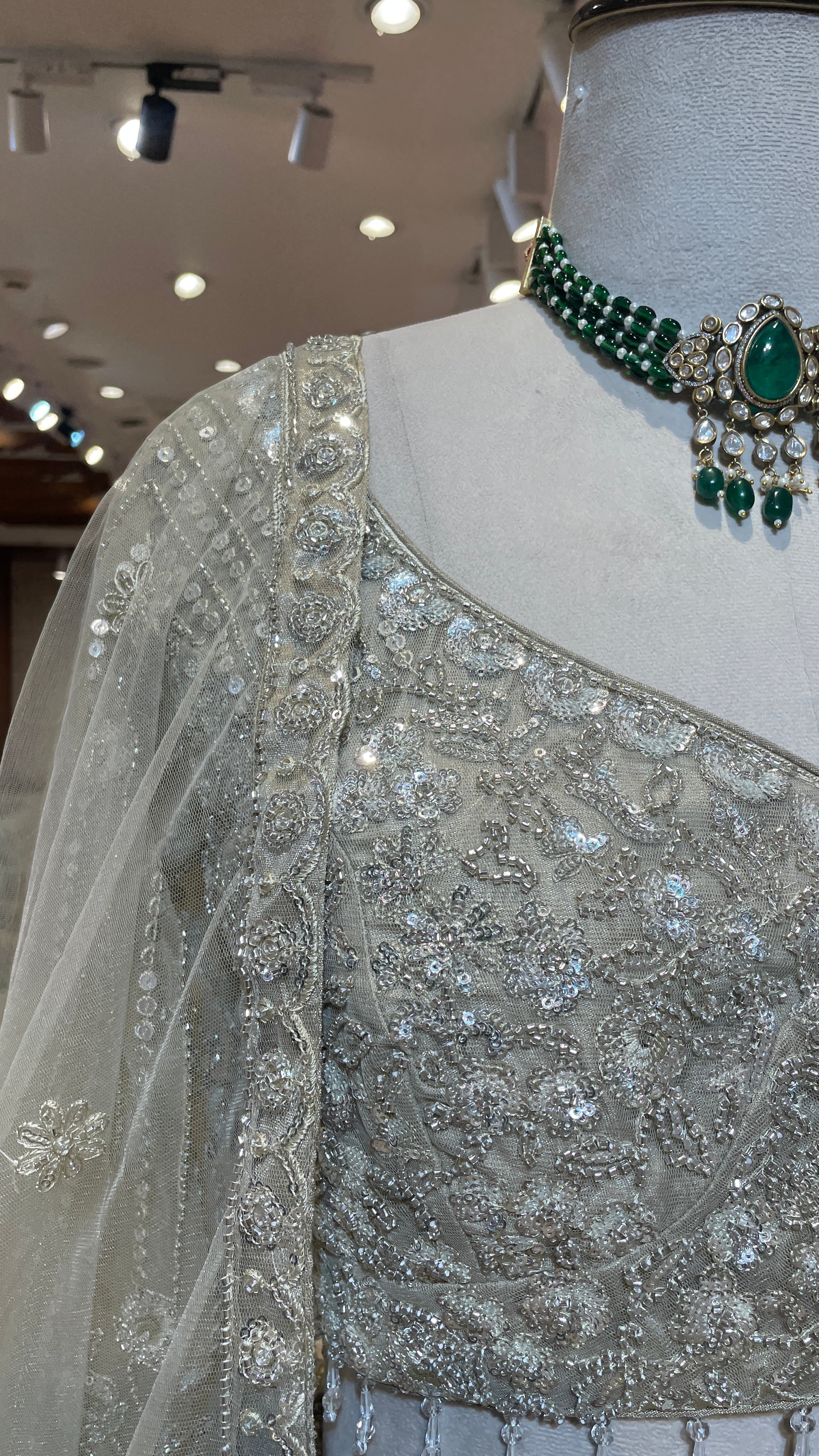 Cream Net Lehenga with Cutdana & Floral Motifs - Image 3
