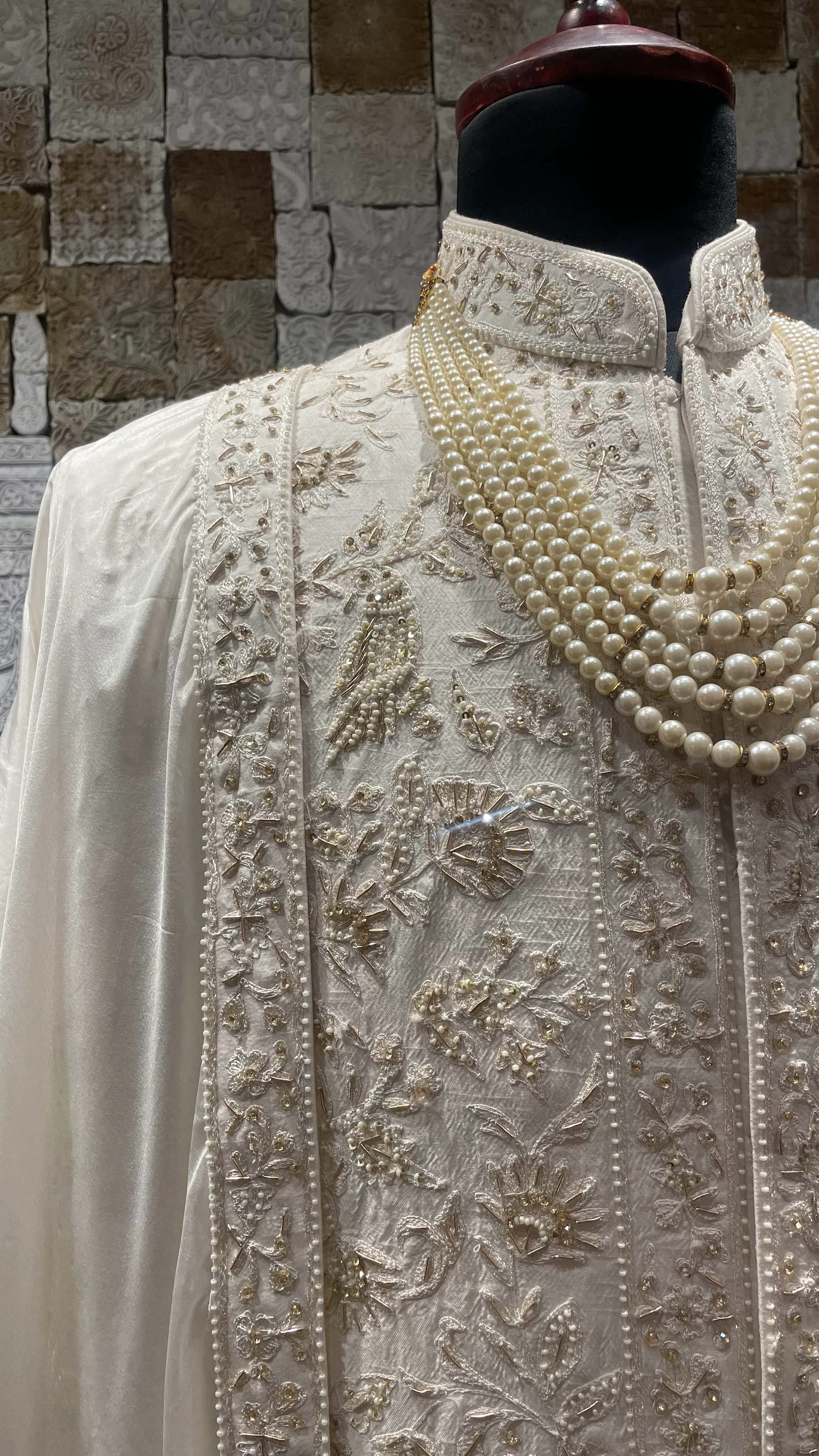 Cream Sherwani in Silk with Zariwork - Image 2