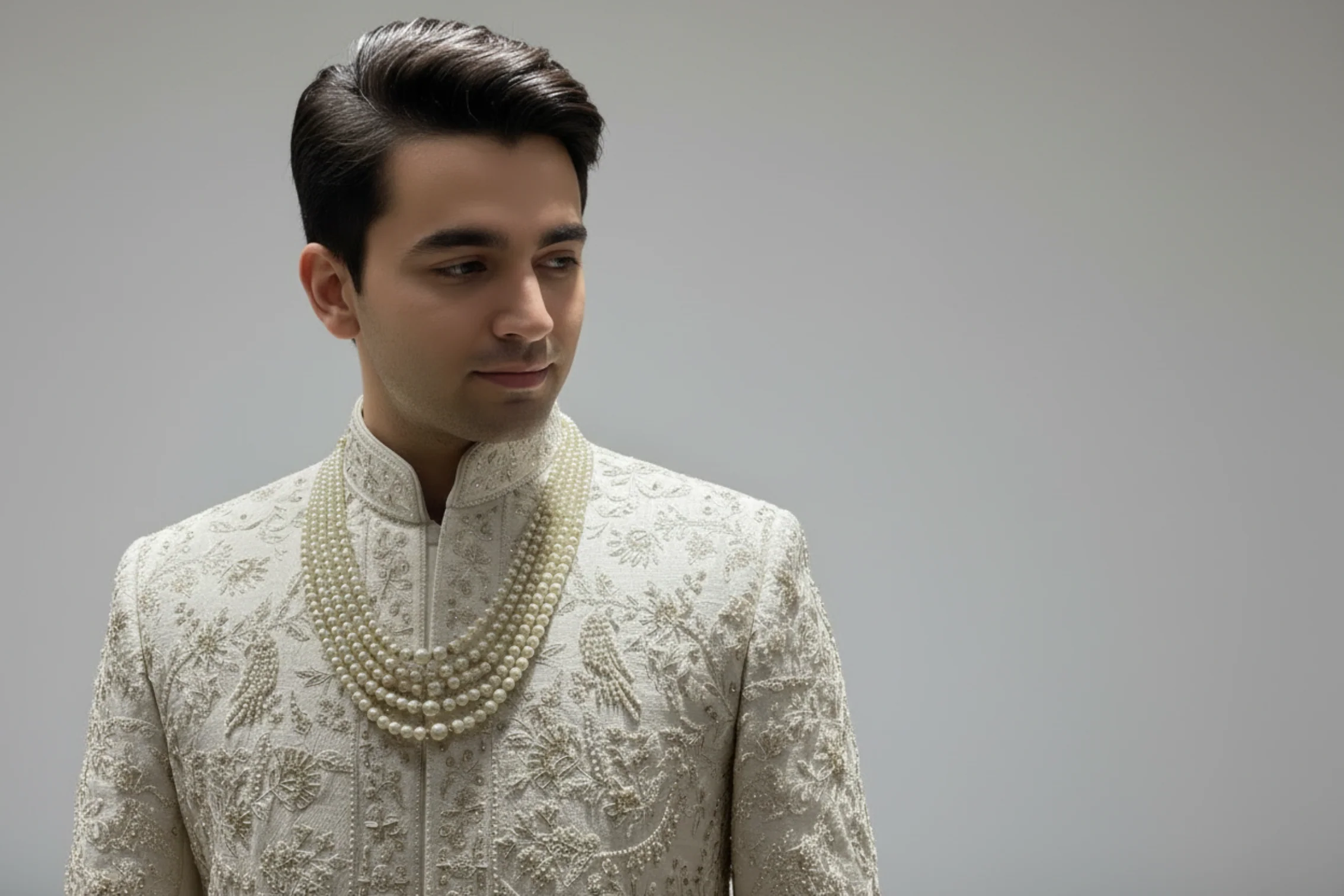 Cream Sherwani in Silk with Zariwork - Image 3