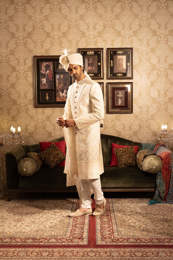 Cream Embroidered Sherwani - Image 3