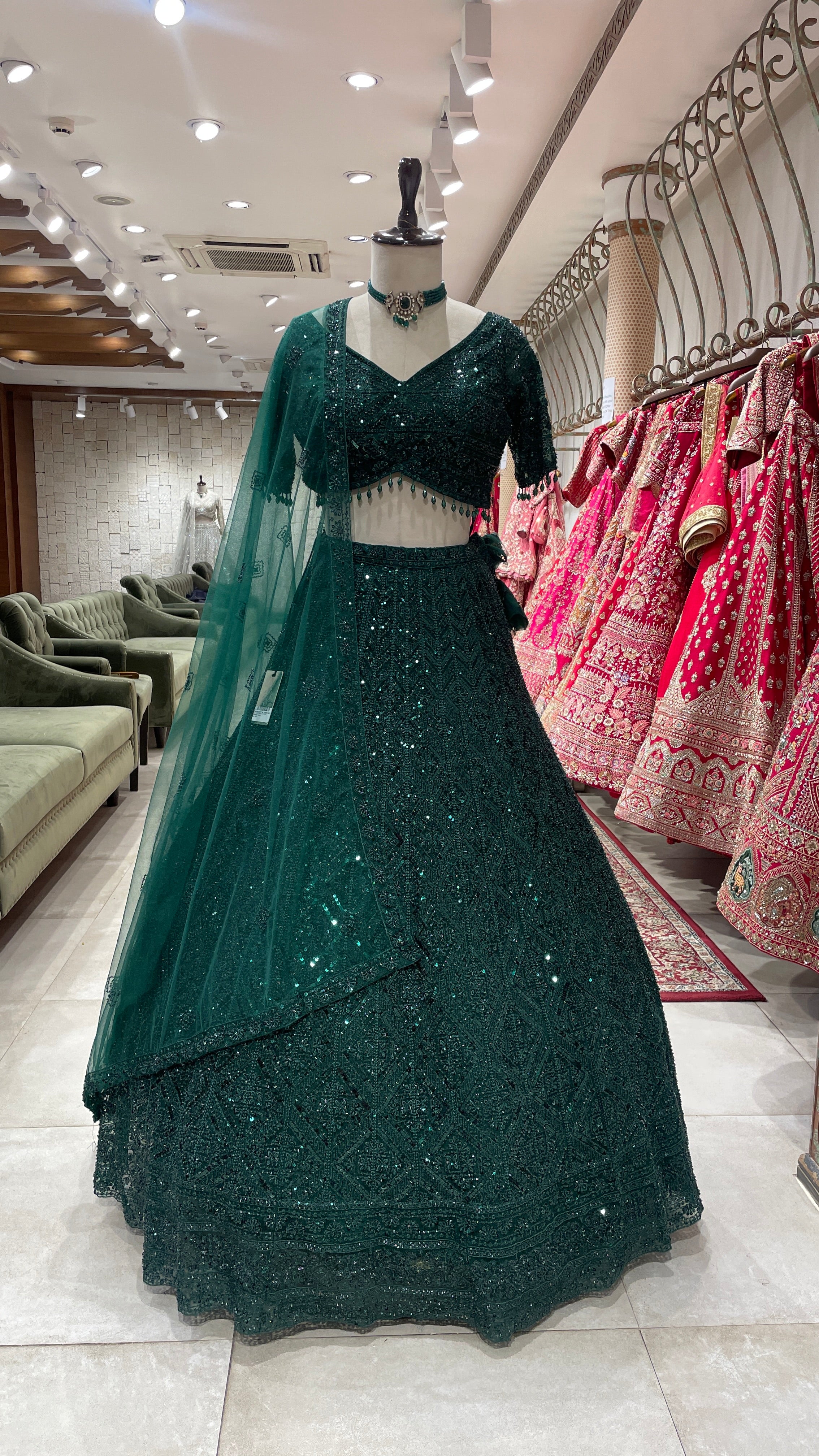 Dark Green Sequin Work Lehenga
