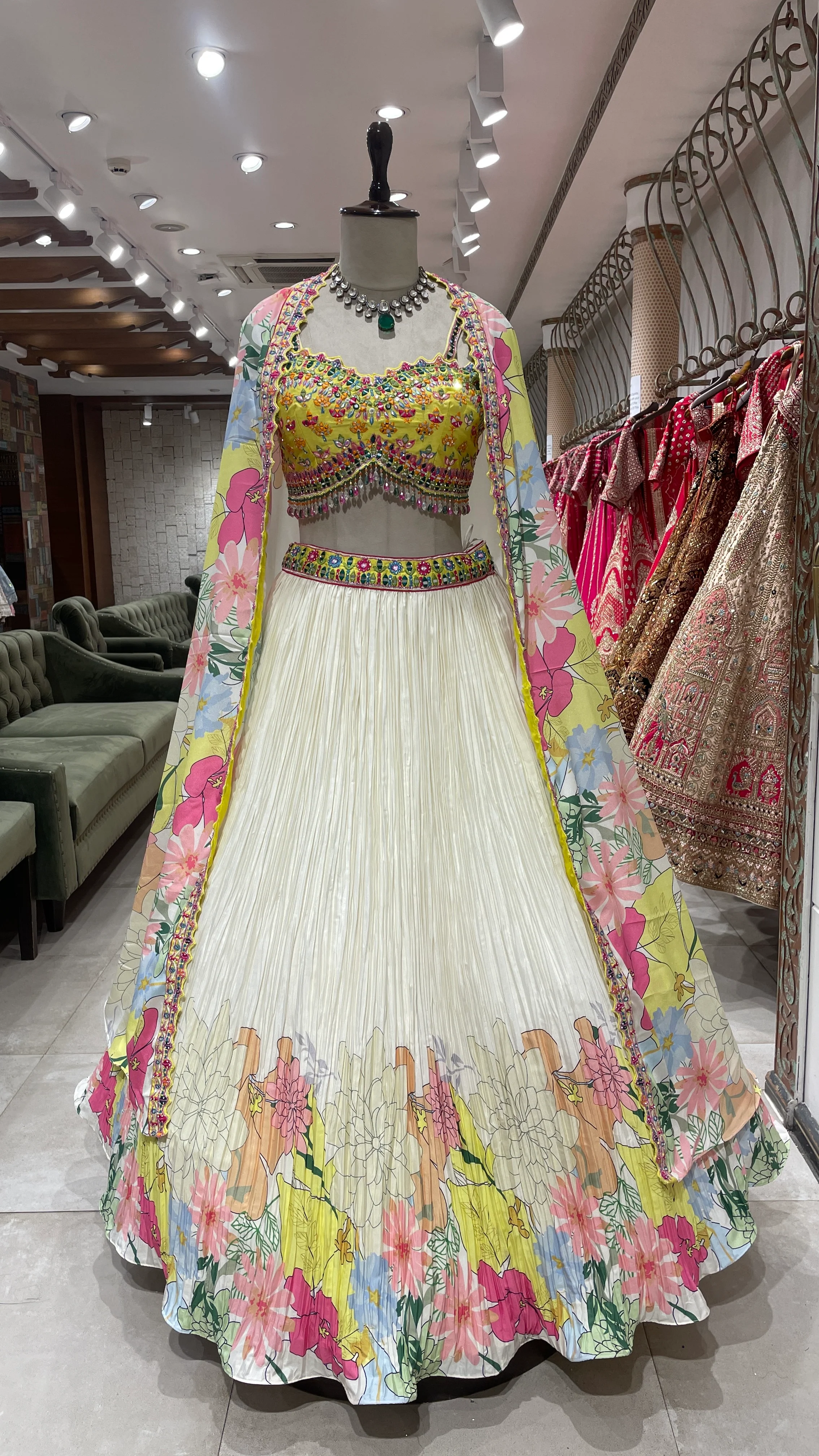 Floral Cape Style Lehenga with Multicolour Mirrorwork