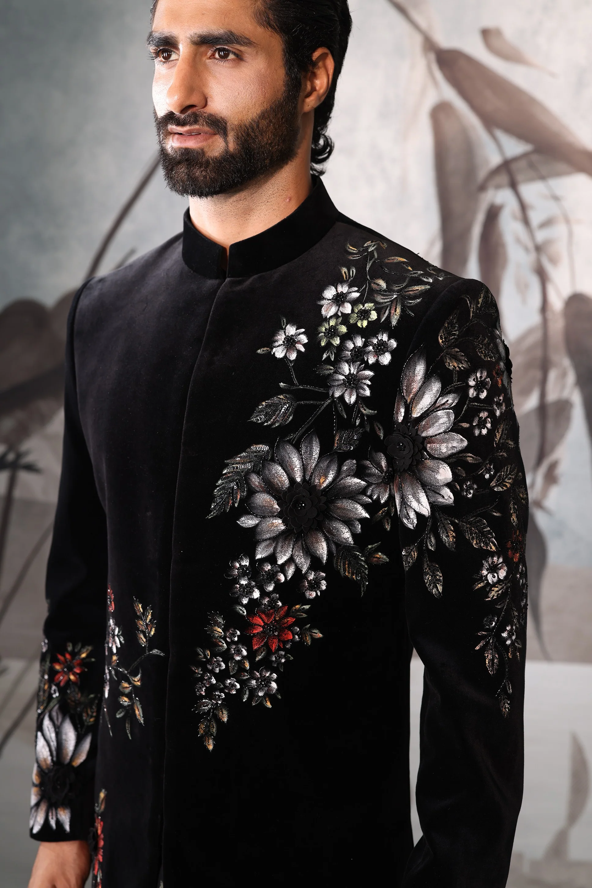 Floral hand paint black velvet indowestern with kurta