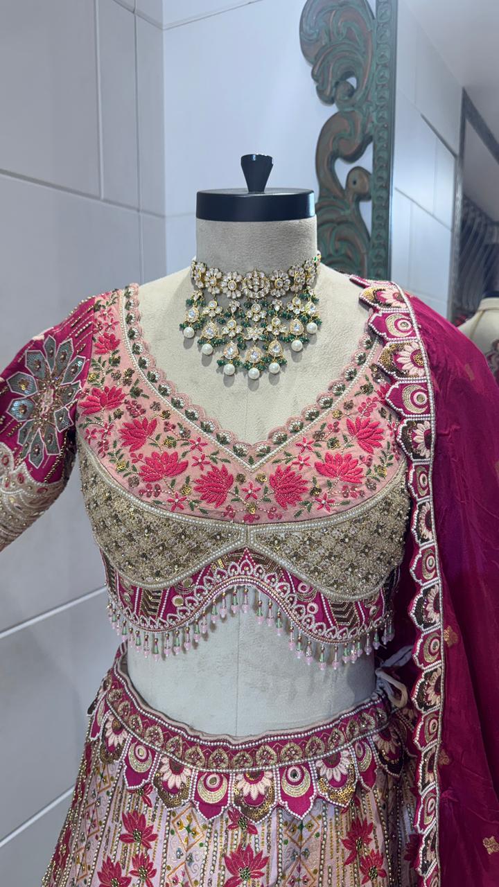 Fusia Pink Lehenga with Gold Zari Embroidery - Image 2