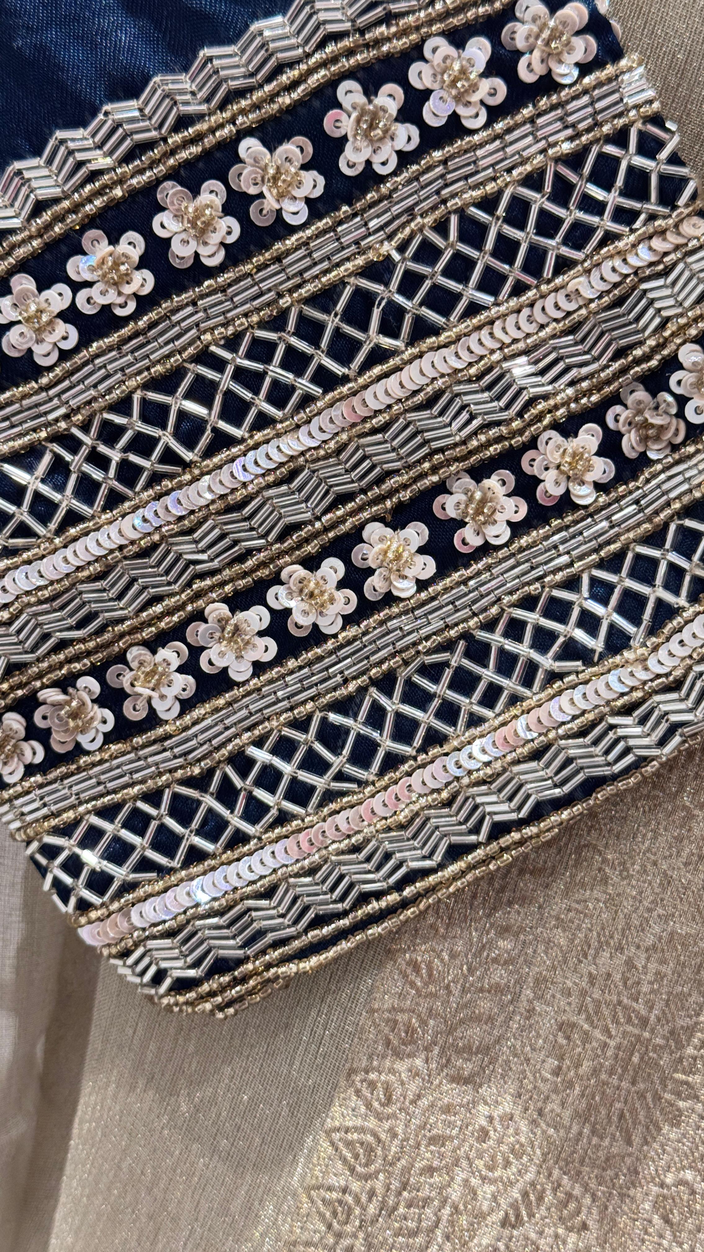 Gold color saree with zig-zag sequience border - Image 3