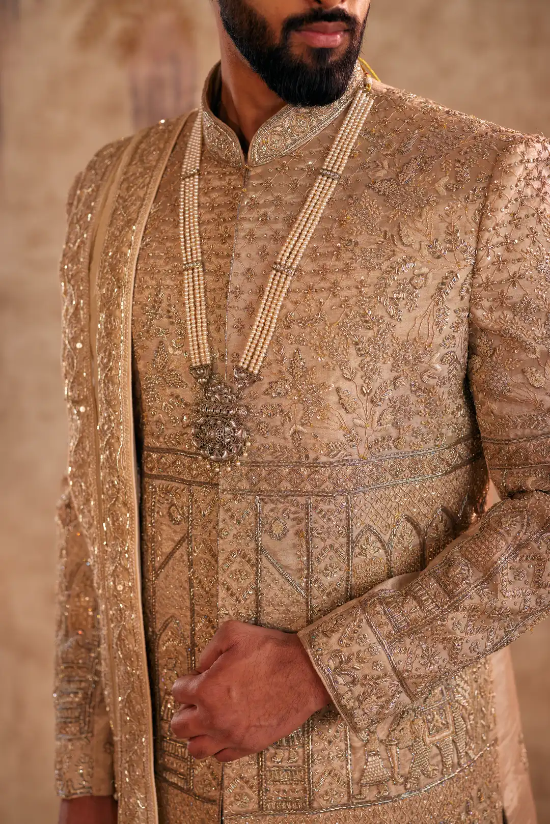 Gold Sherwani with Doli Baraat Zardozi Work - Image 4