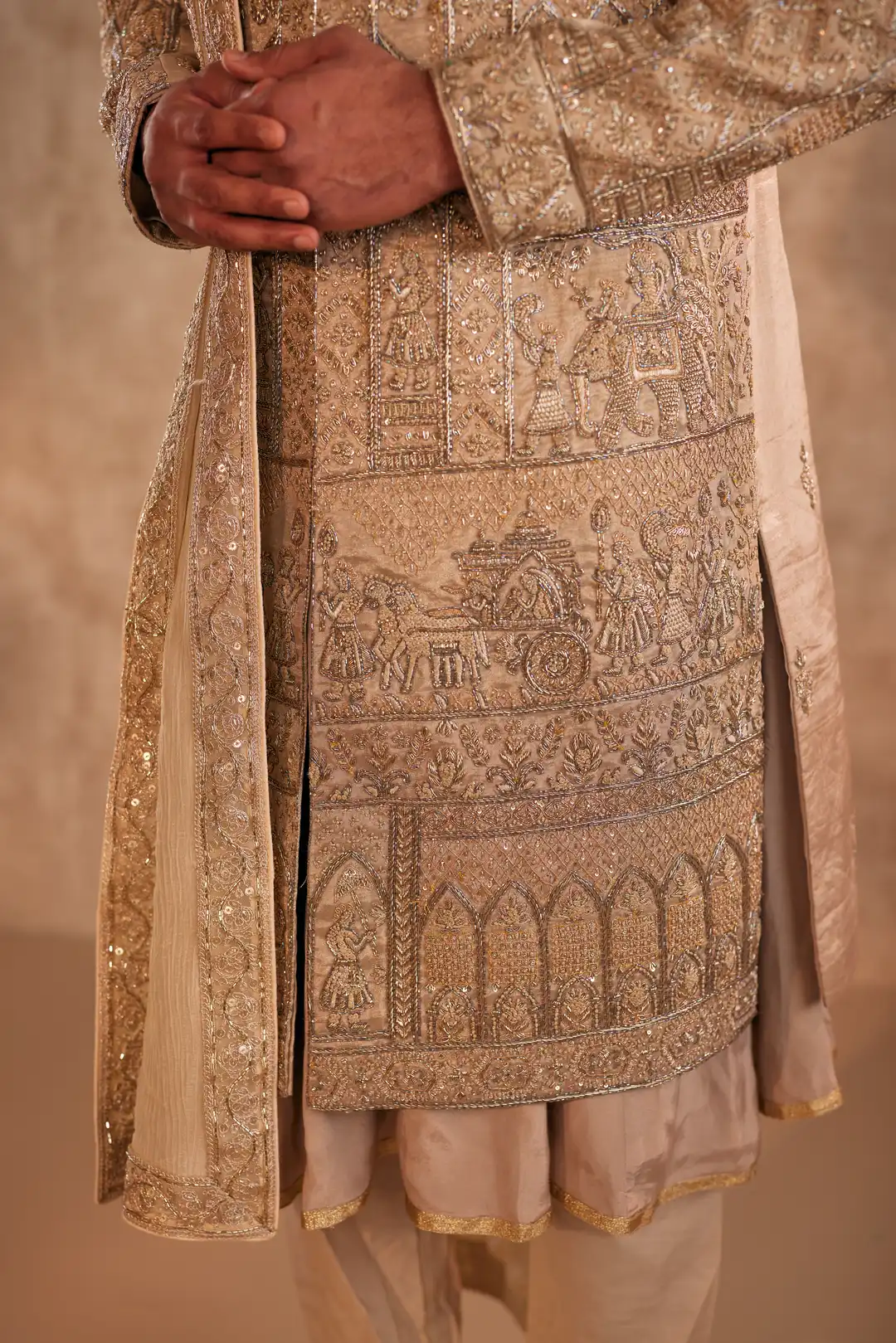 Gold Sherwani with Doli Baraat Zardozi Work - Image 5