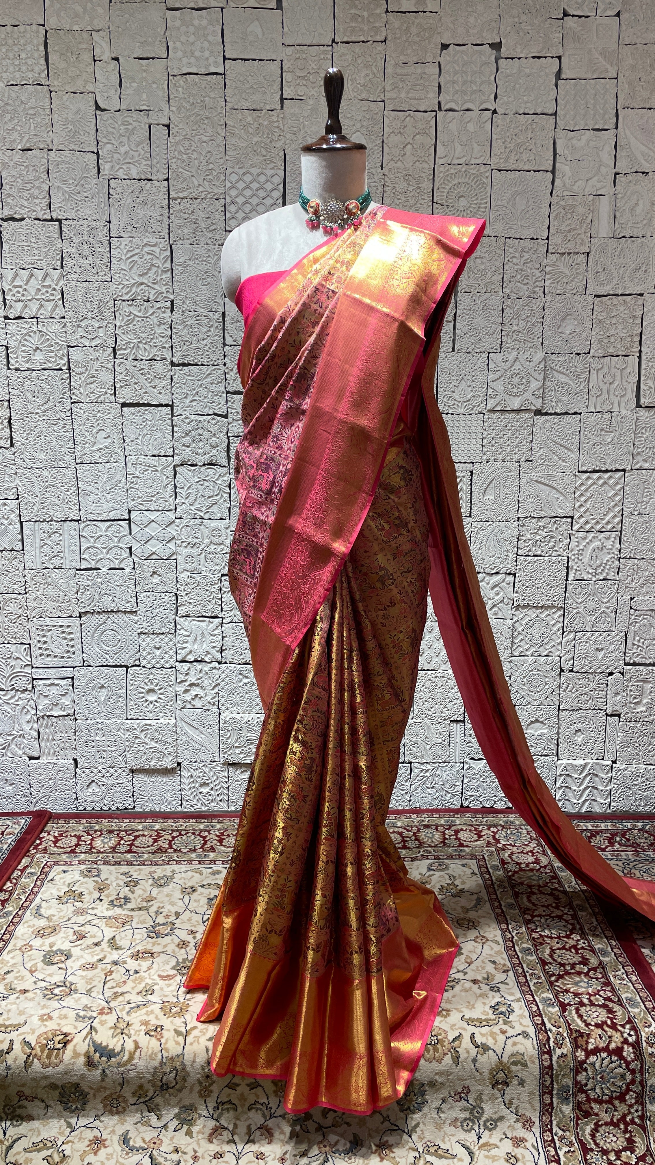 Golden Kanjivaram Silk Saree with Pink Zari Border