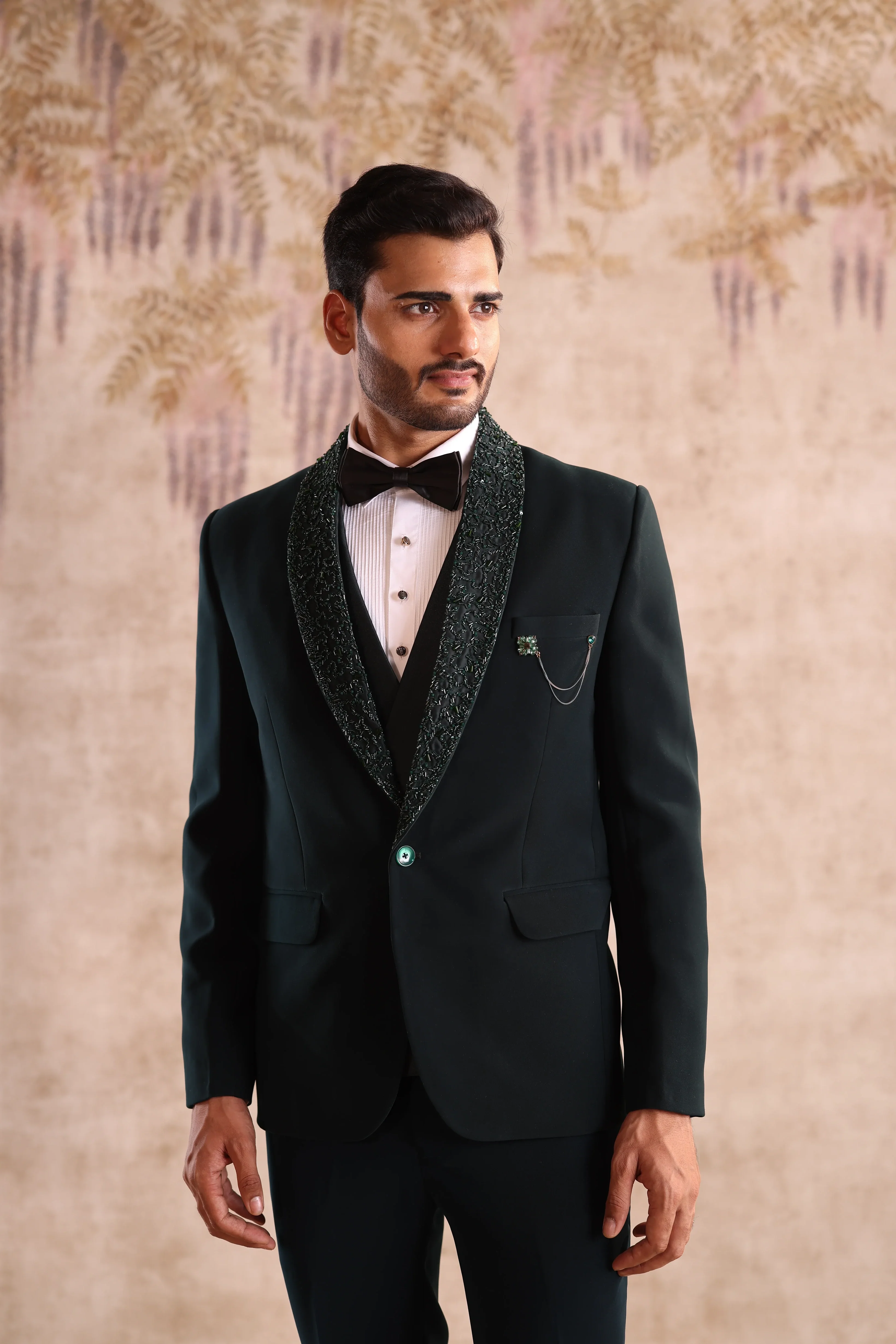 Green Embroidered Shawl Collar Tuxedo for Men - Image 2