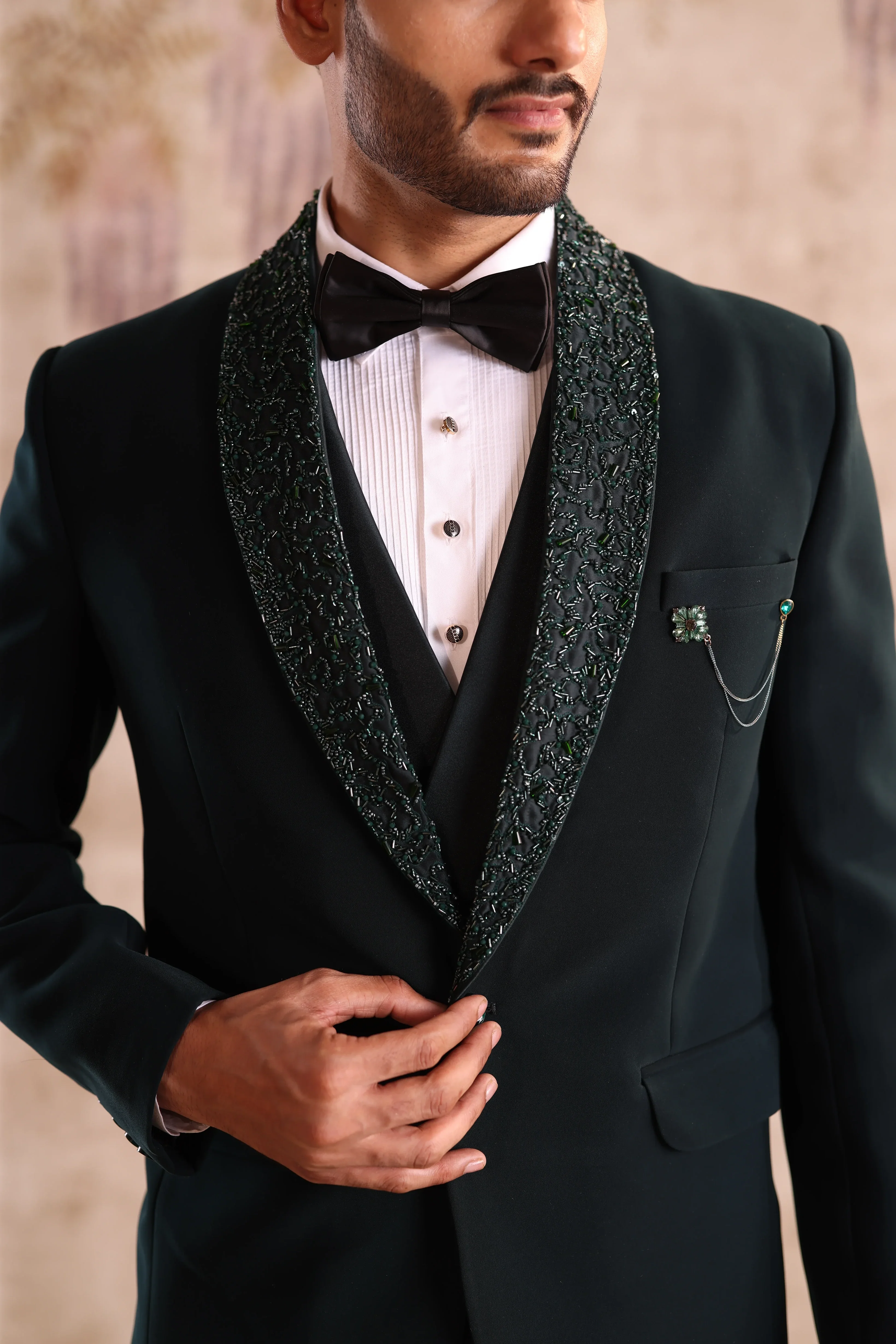 Green Embroidered Shawl Collar Tuxedo for Men - Image 3