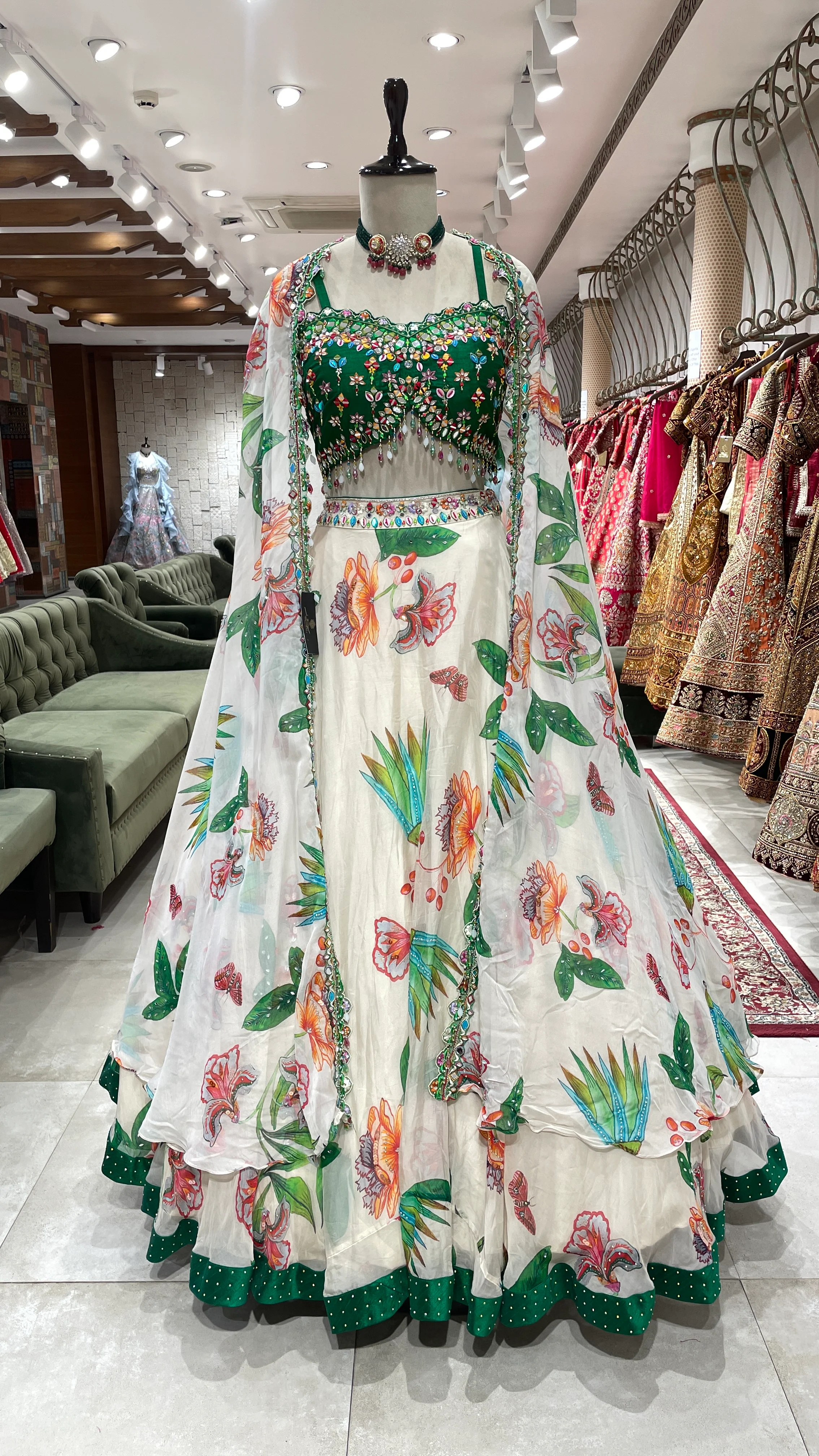 Green Floral Organza Cape Lehenga