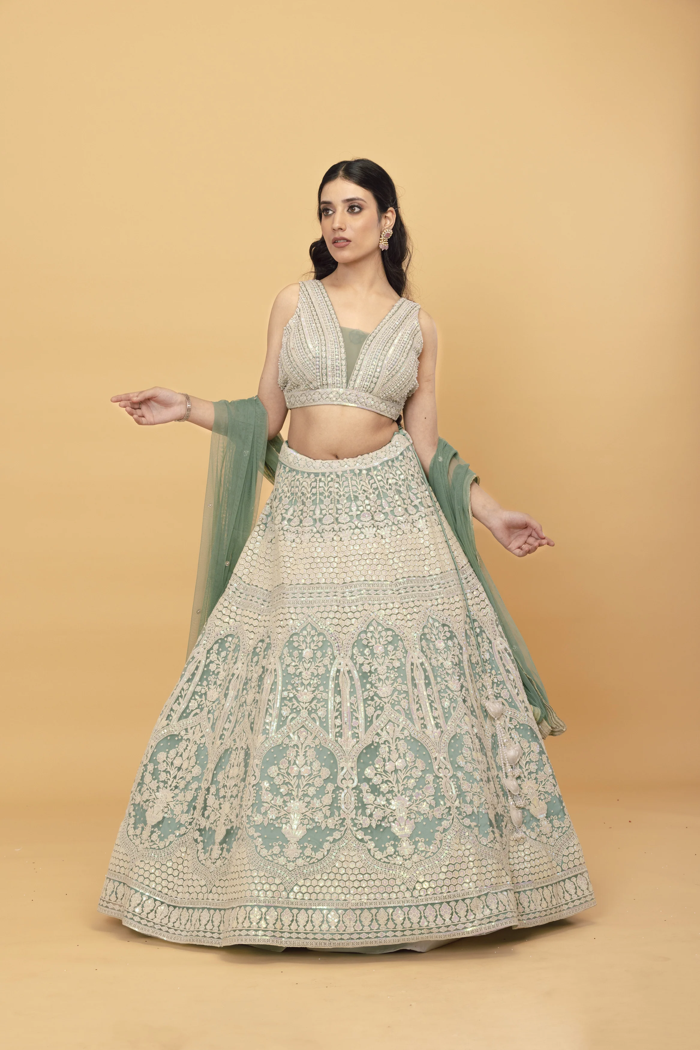 Green Kali Net Lehenga