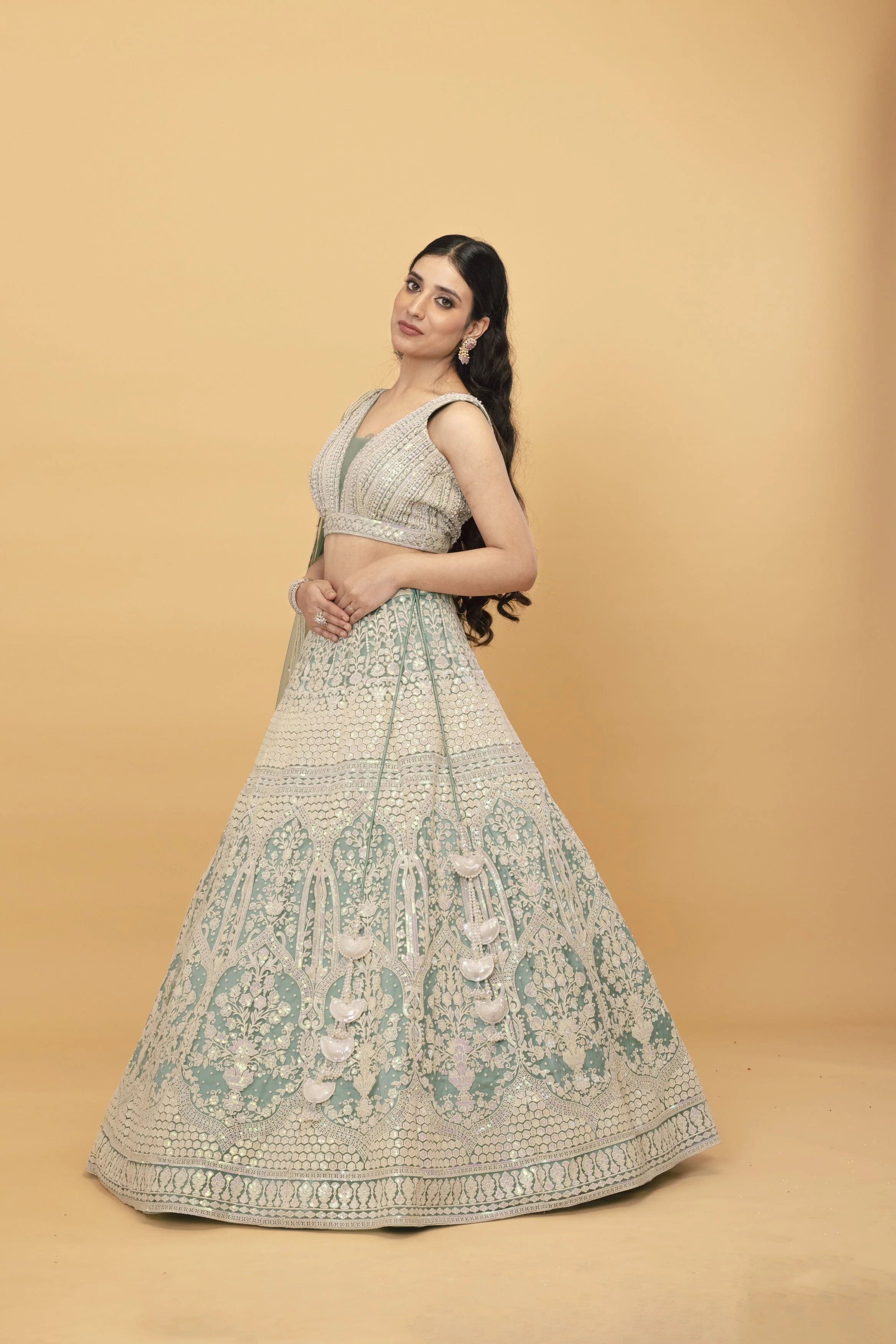 Green Kali Net Lehenga - Image 2
