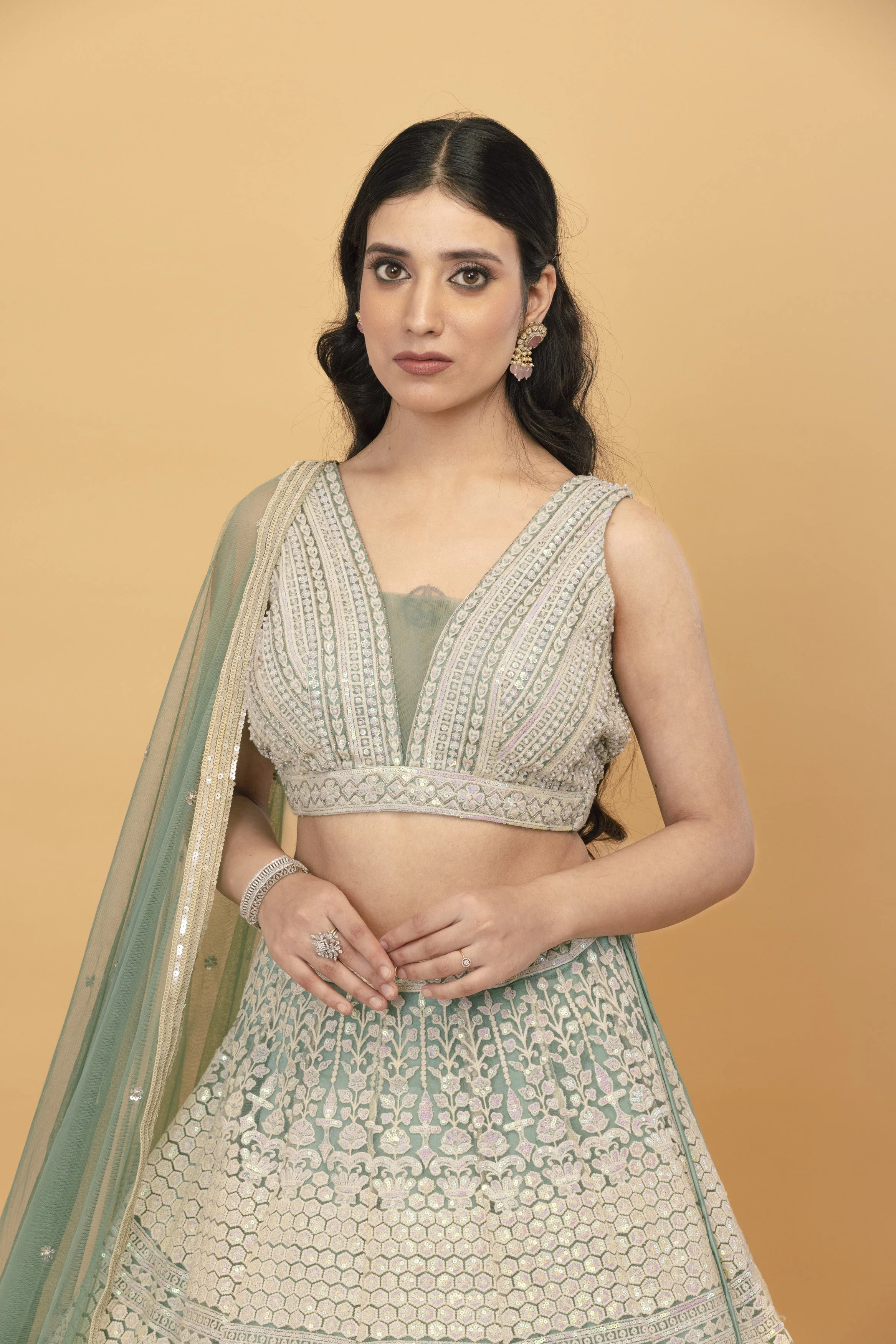 Green Kali Net Lehenga - Image 3
