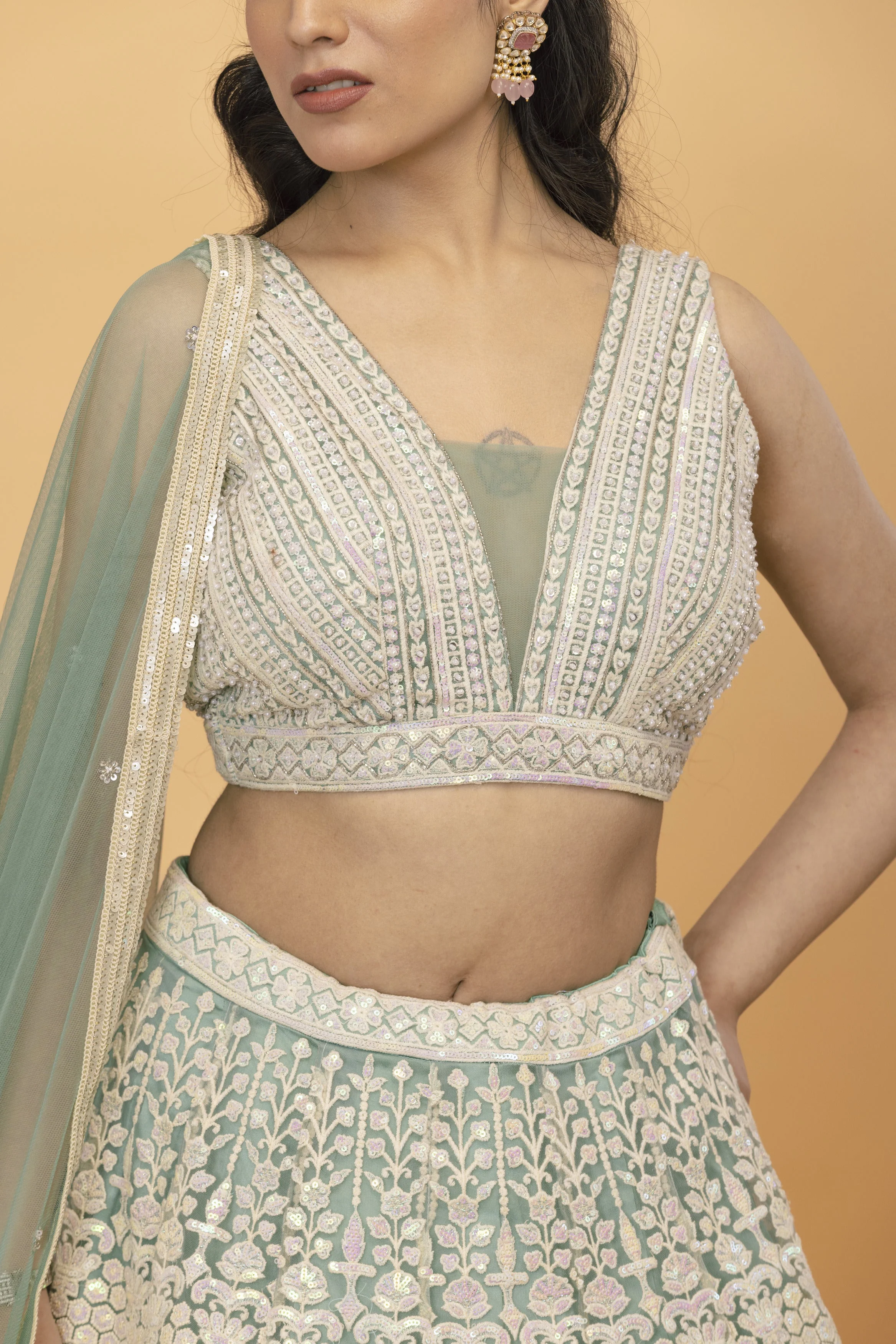 Green Kali Net Lehenga - Image 4