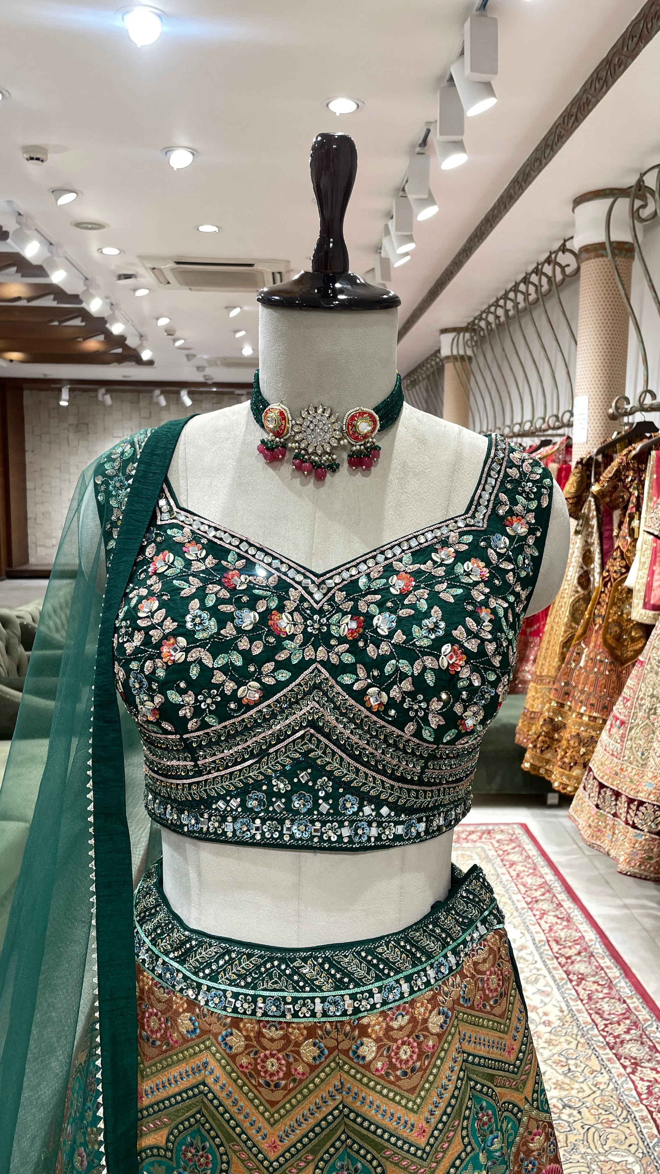Green Multicolour Threadwork Georgette Lehenga - Image 5