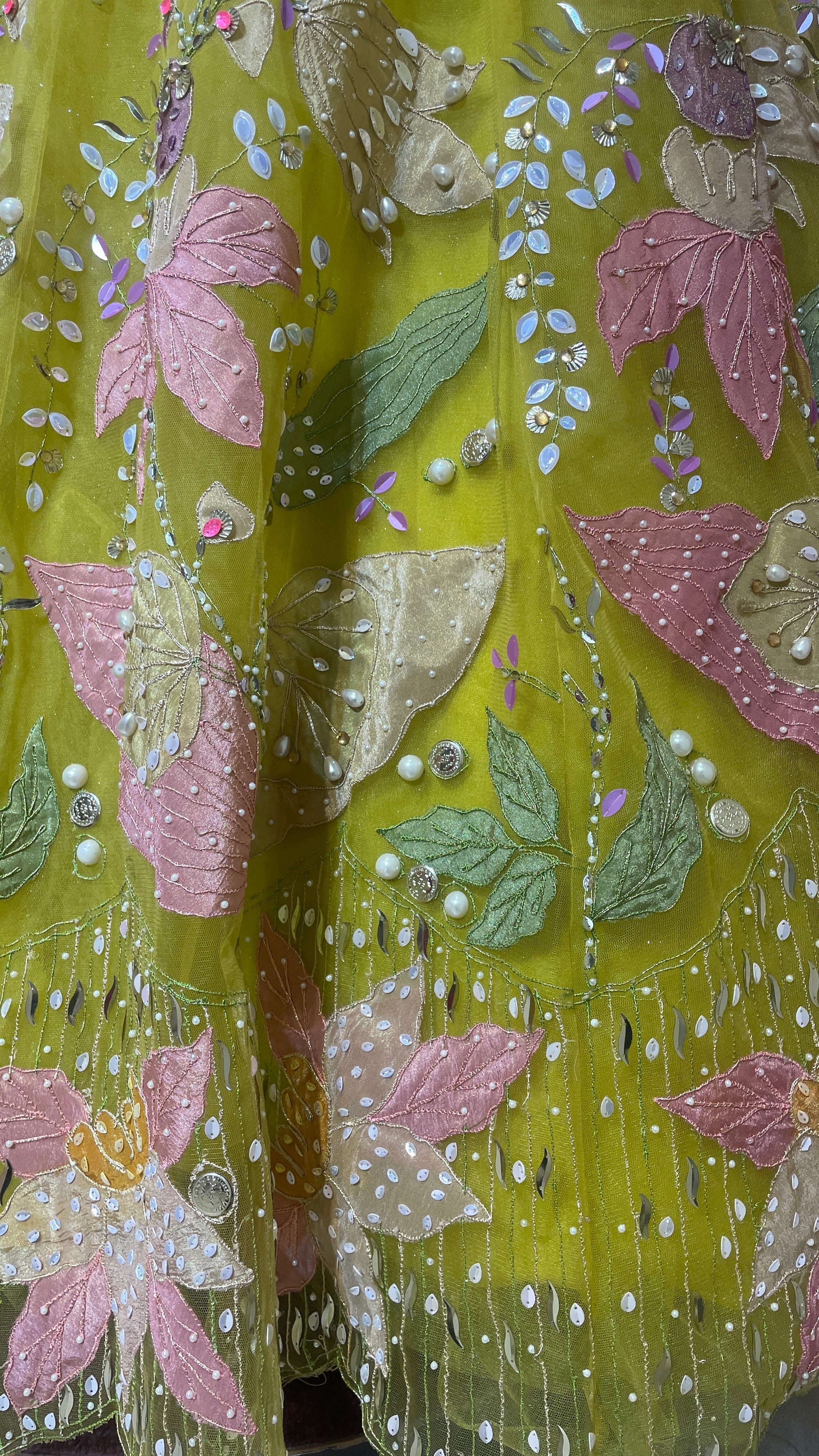 Green Net Lehenga with Pearl Embellishments & Contrasting Dupatta - Image 3