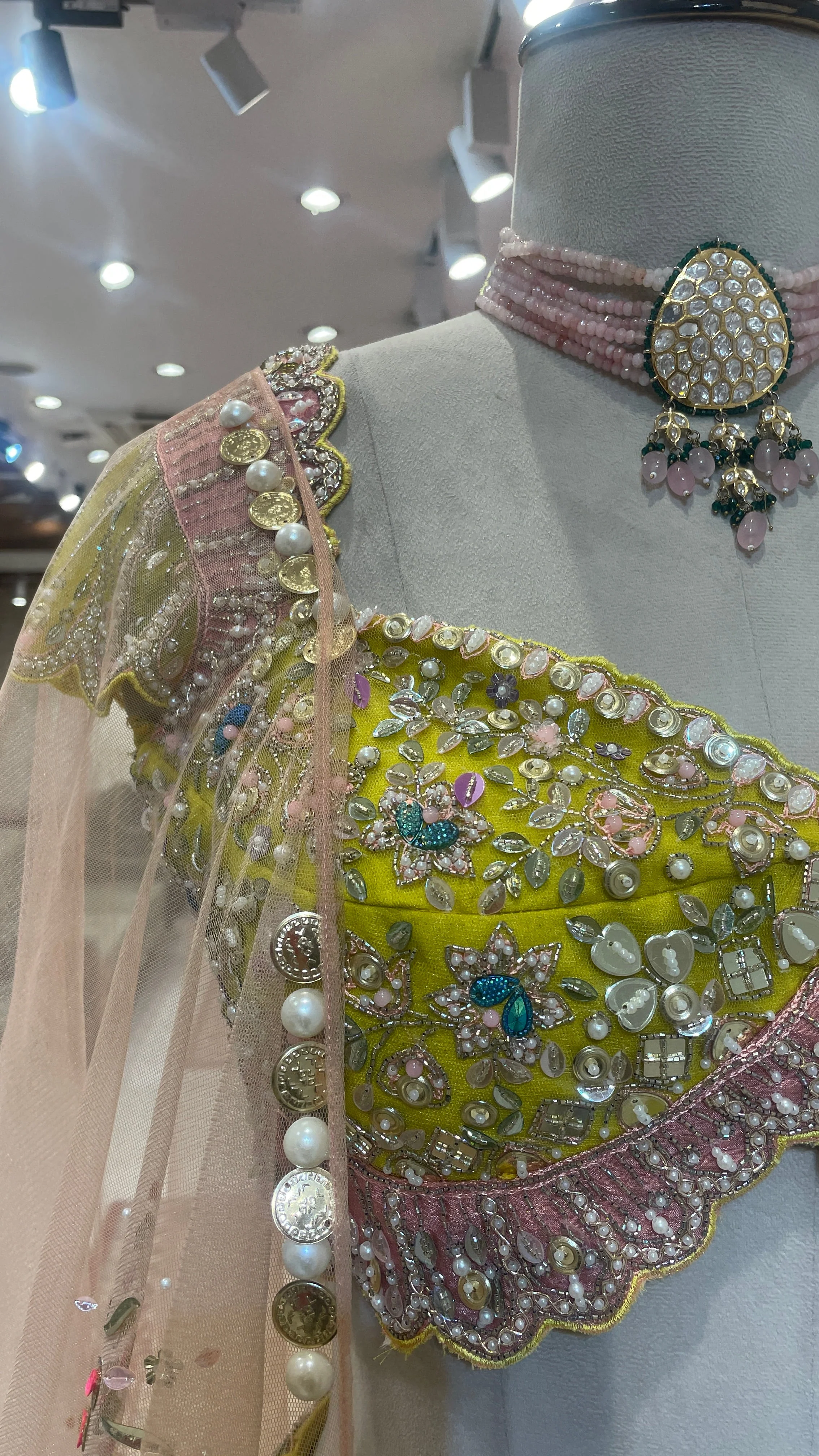 Green Net Lehenga with Pearl Embellishments & Contrasting Dupatta - Image 4