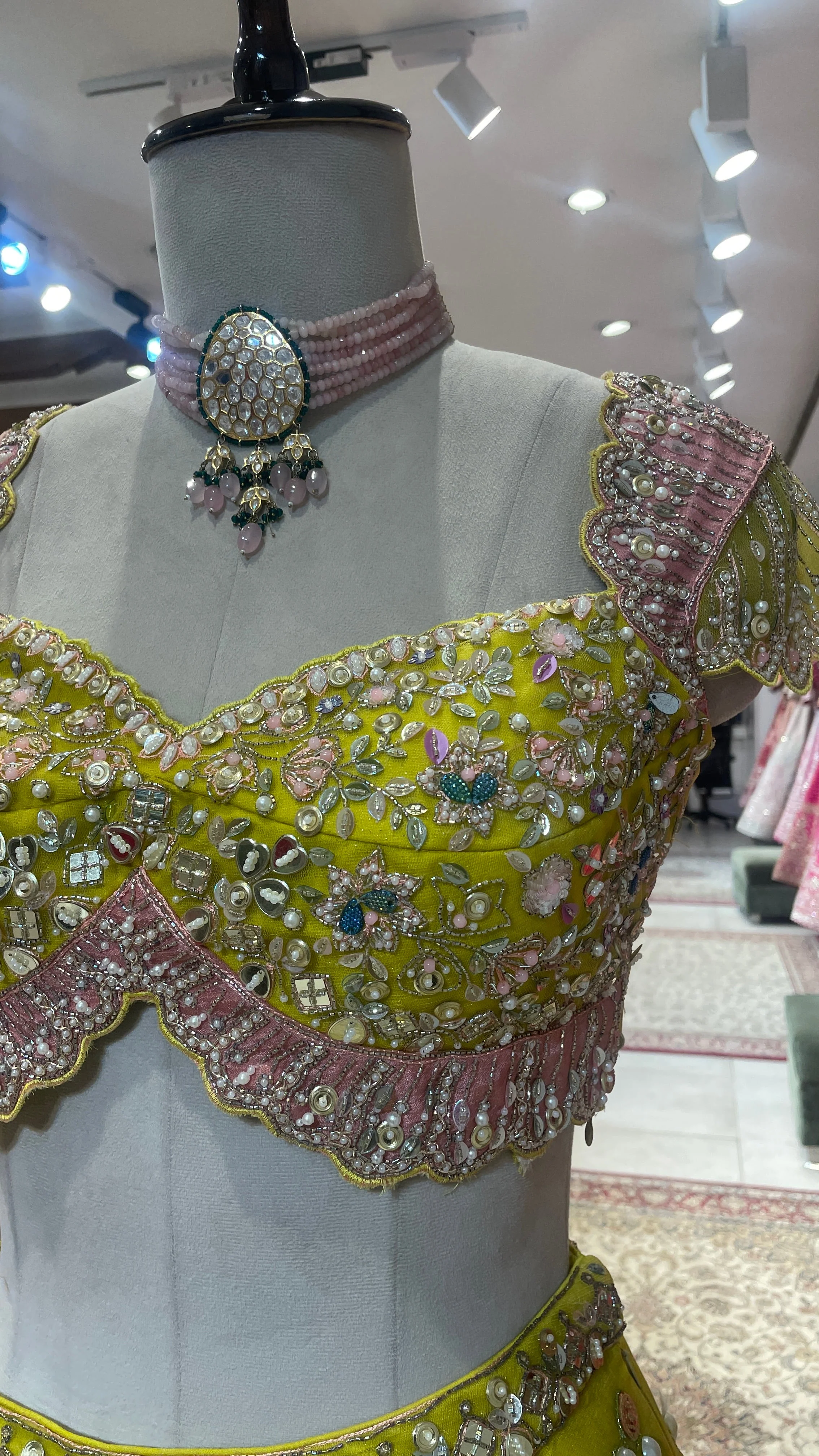 Green Net Lehenga with Pearl Embellishments & Contrasting Dupatta - Image 5