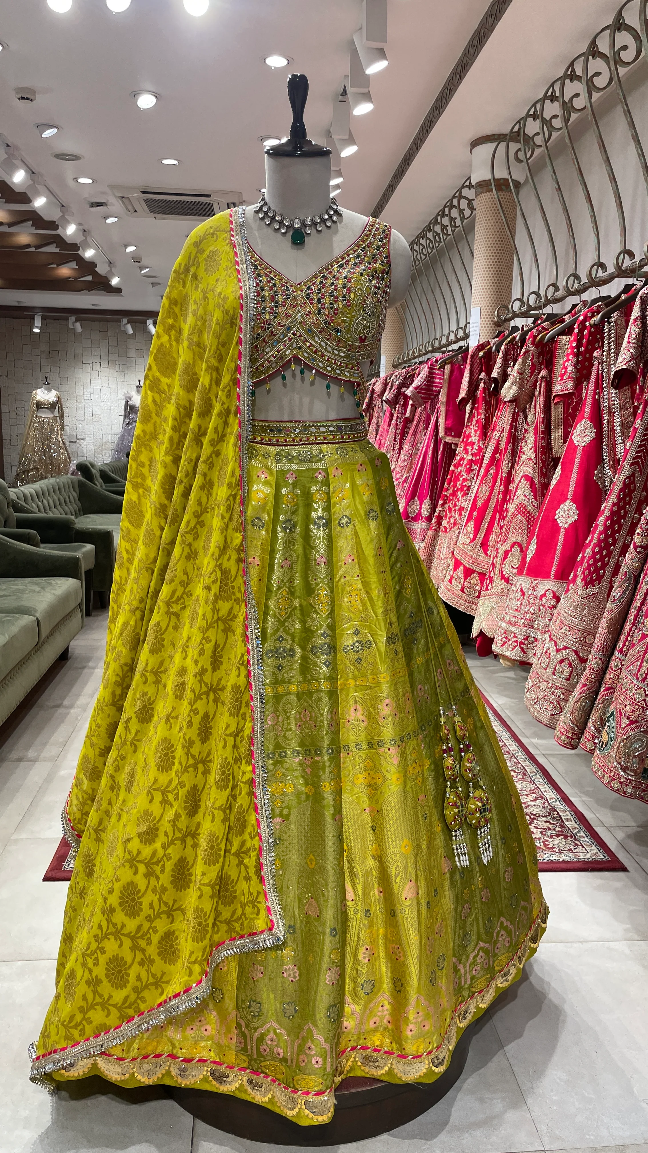 Green Silk Lehenga with Thread & Mirrorwork