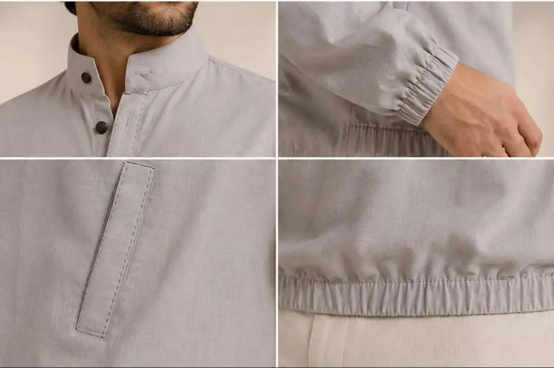 Grey linen shirt with Mandarin collar, wooden buttons and elasticated hem - Image 3