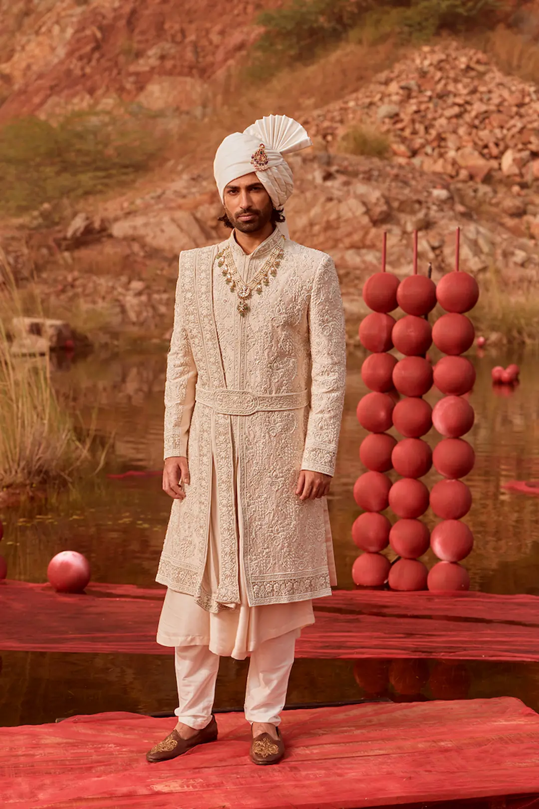 Off White Silk Sherwani with Heavy Hand Embroidery & Kamarband - Image 3
