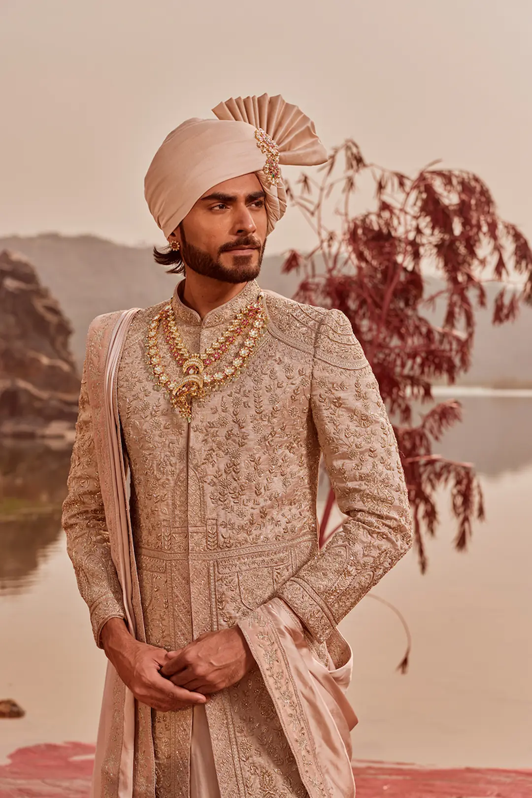Peach Tissue Silk Sherwani with Zardozi Work - Image 3