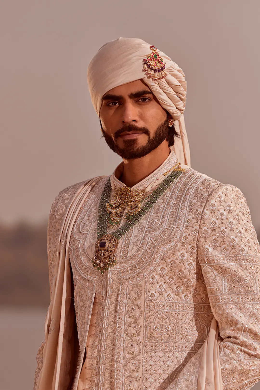 Rose Gold Silk Sherwani Set with Heavy Threadwork Embroidery - Image 3