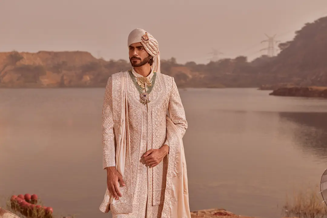 Rose Gold Silk Sherwani Set with Heavy Threadwork Embroidery - Image 4
