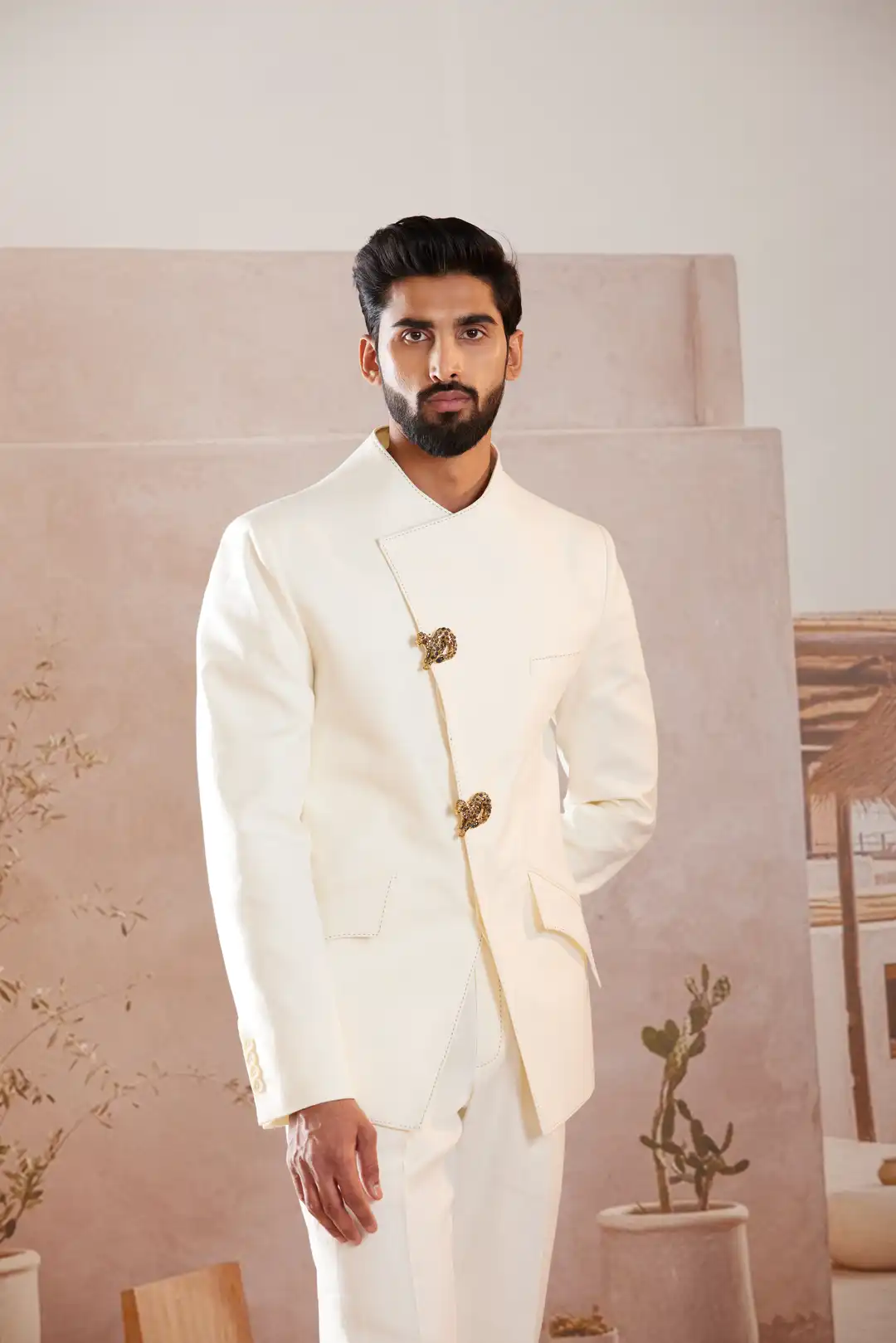 Ivory Asymmetric Linen Bandgala with statement buttons - Image 3