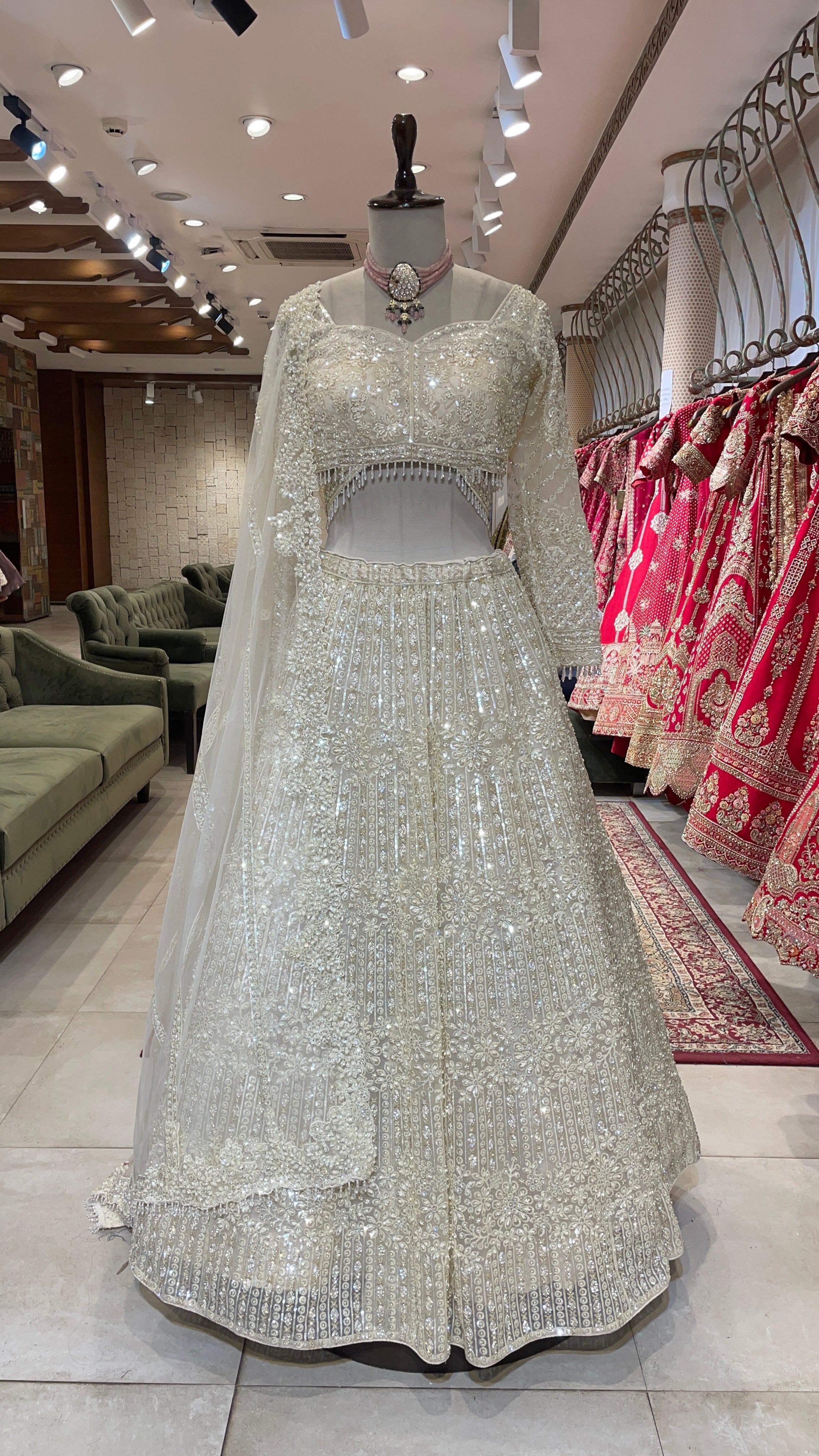 Ivory Net Lehenga with Pearl & Sequin Embellishments