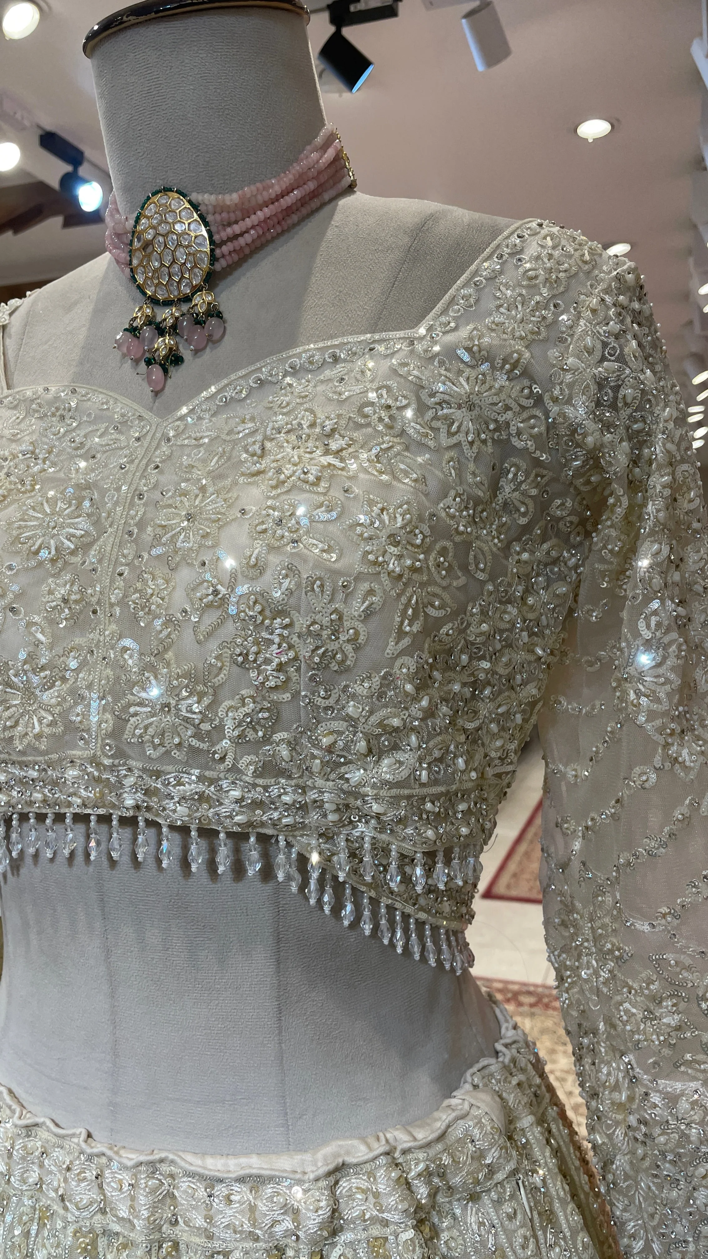 Ivory Net Lehenga with Pearl & Sequin Embellishments - Image 4
