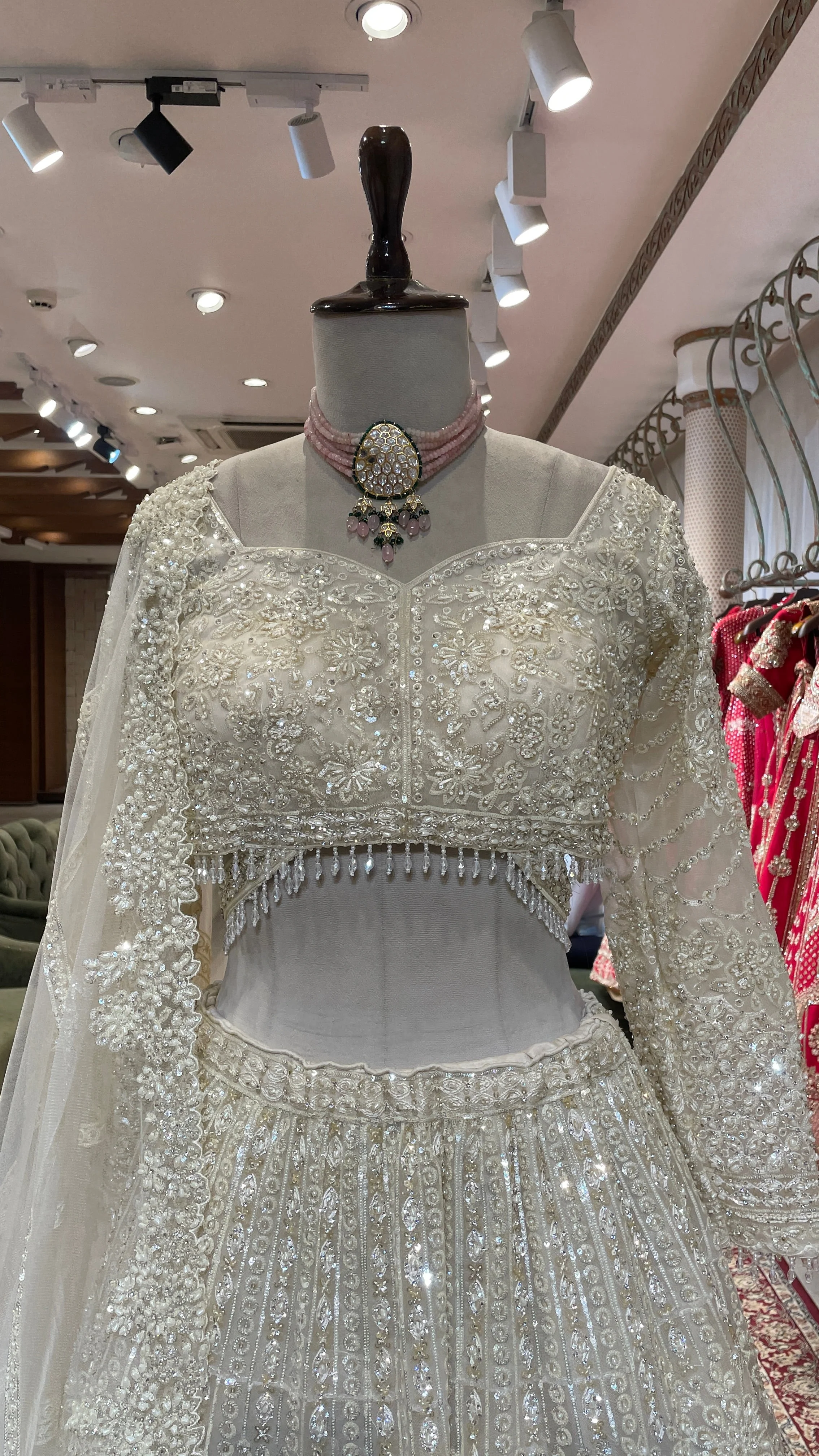 Ivory Net Lehenga with Pearl & Sequin Embellishments - Image 5