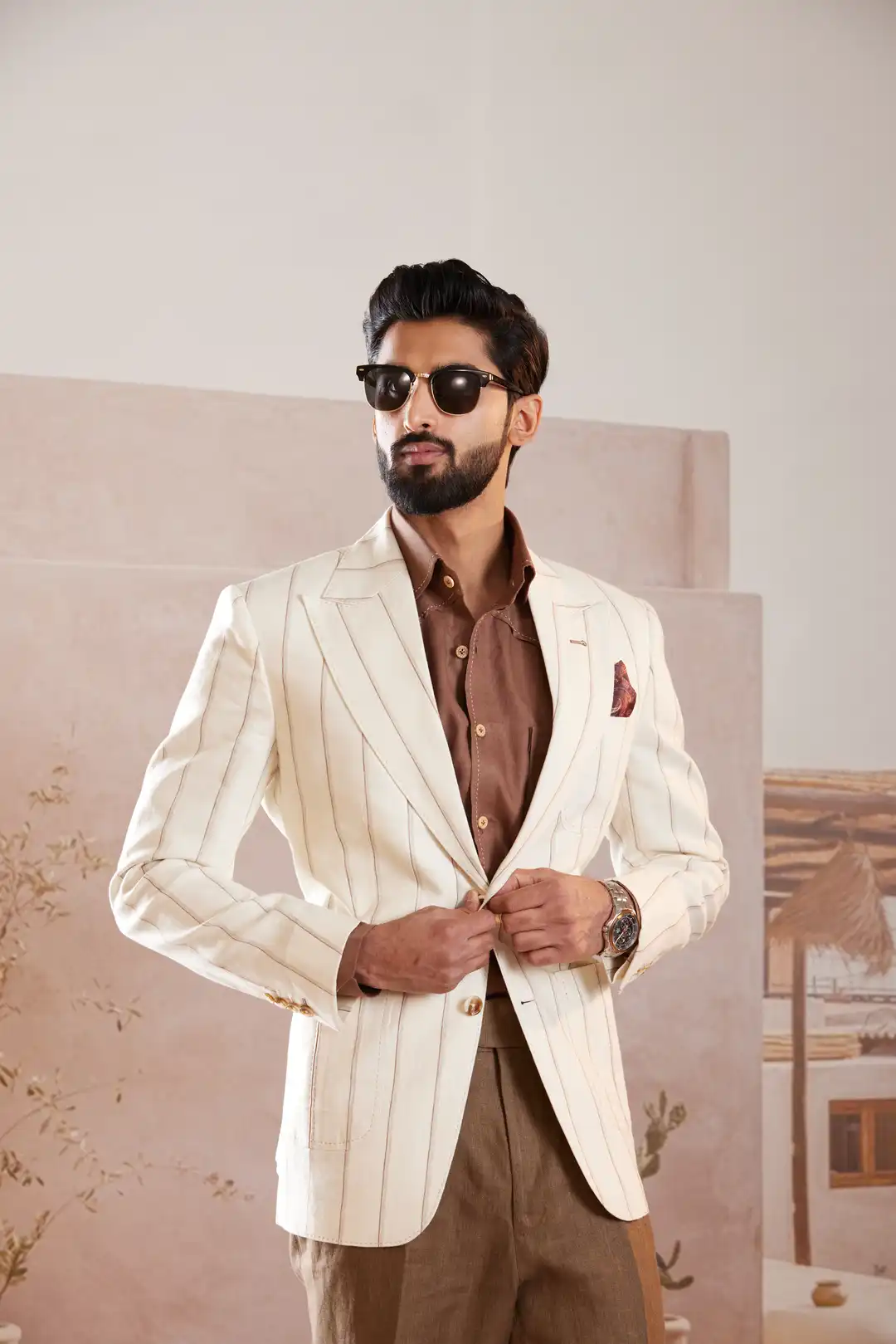 Ivory peak lapel striped summer Linen Blazer - Image 4
