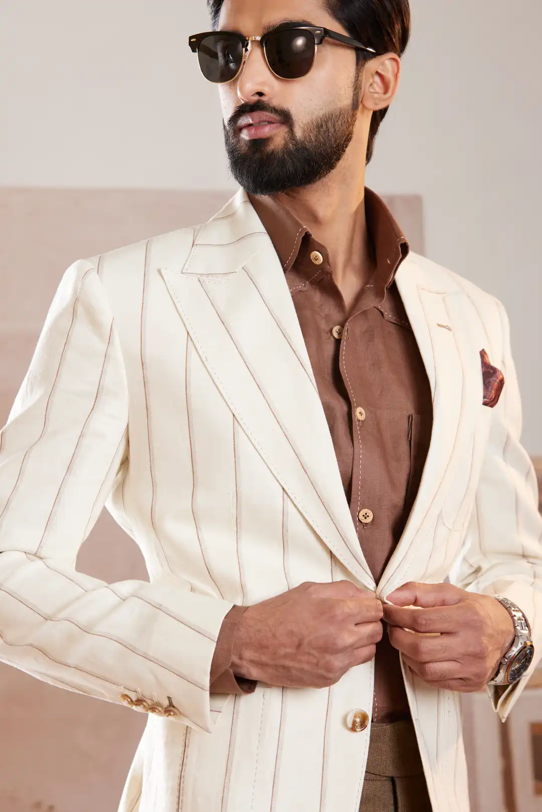 Ivory peak lapel striped summer Linen Blazer - Image 5