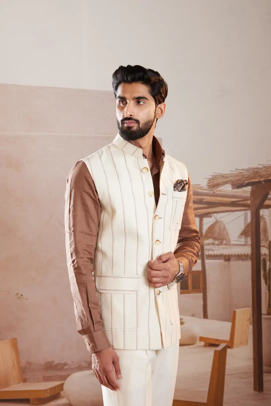 Ivory pinstriped Linen Sadri - Image 2