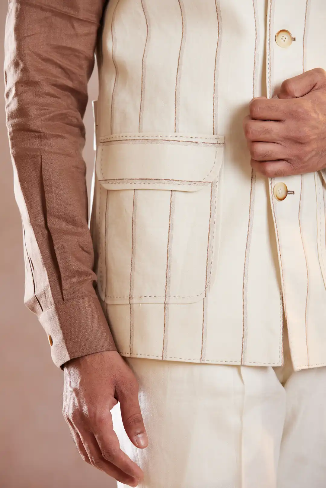 Ivory pinstriped Linen Sadri - Image 3