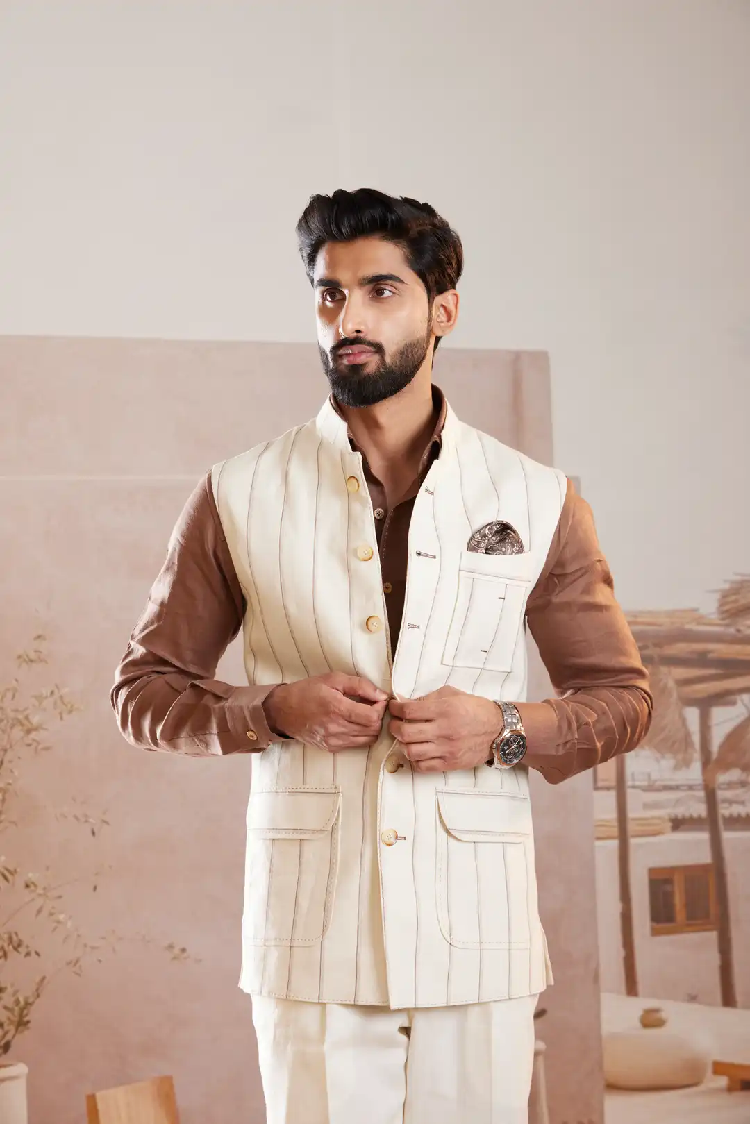 Ivory pinstriped Linen Sadri - Image 4