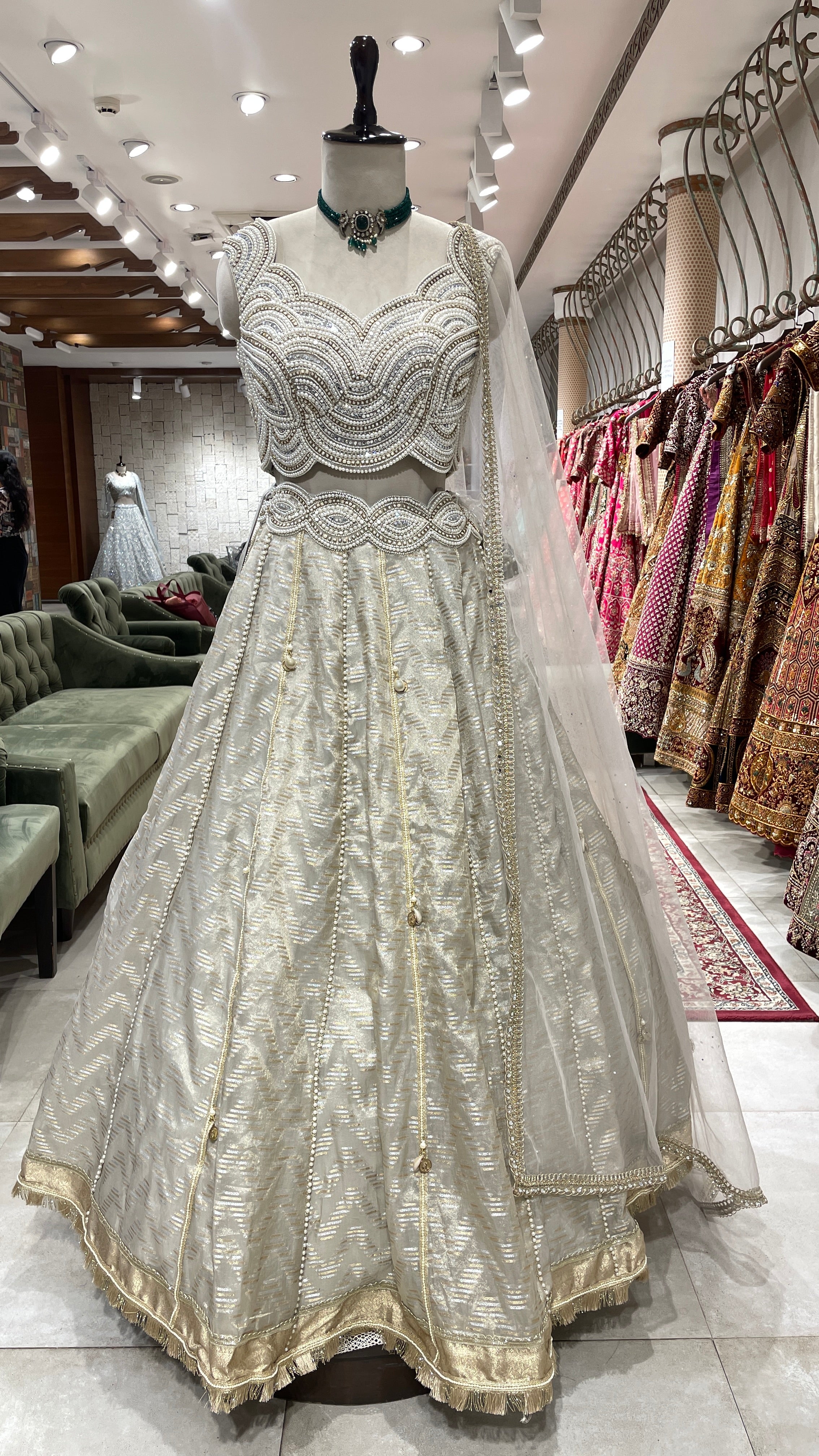 Ivory Tissue Lehenga with Heavy Embellished Blouse & Dupatta