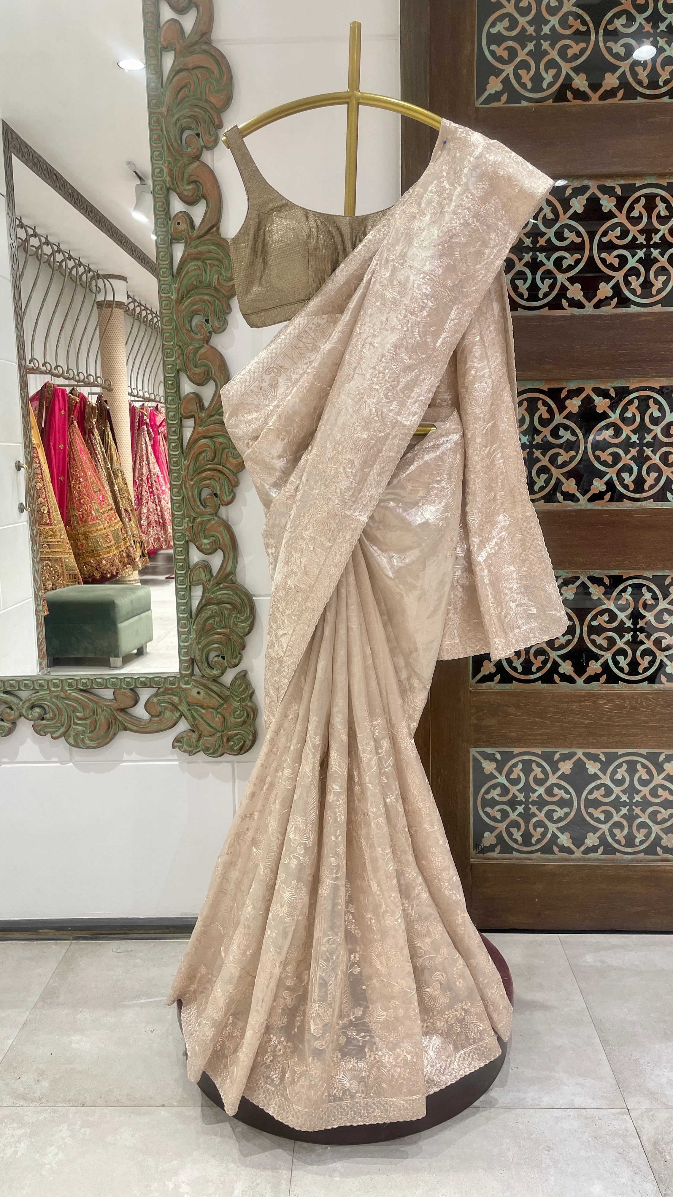 Beige Saree with Intricate Self Embroidery and Golden Blouse