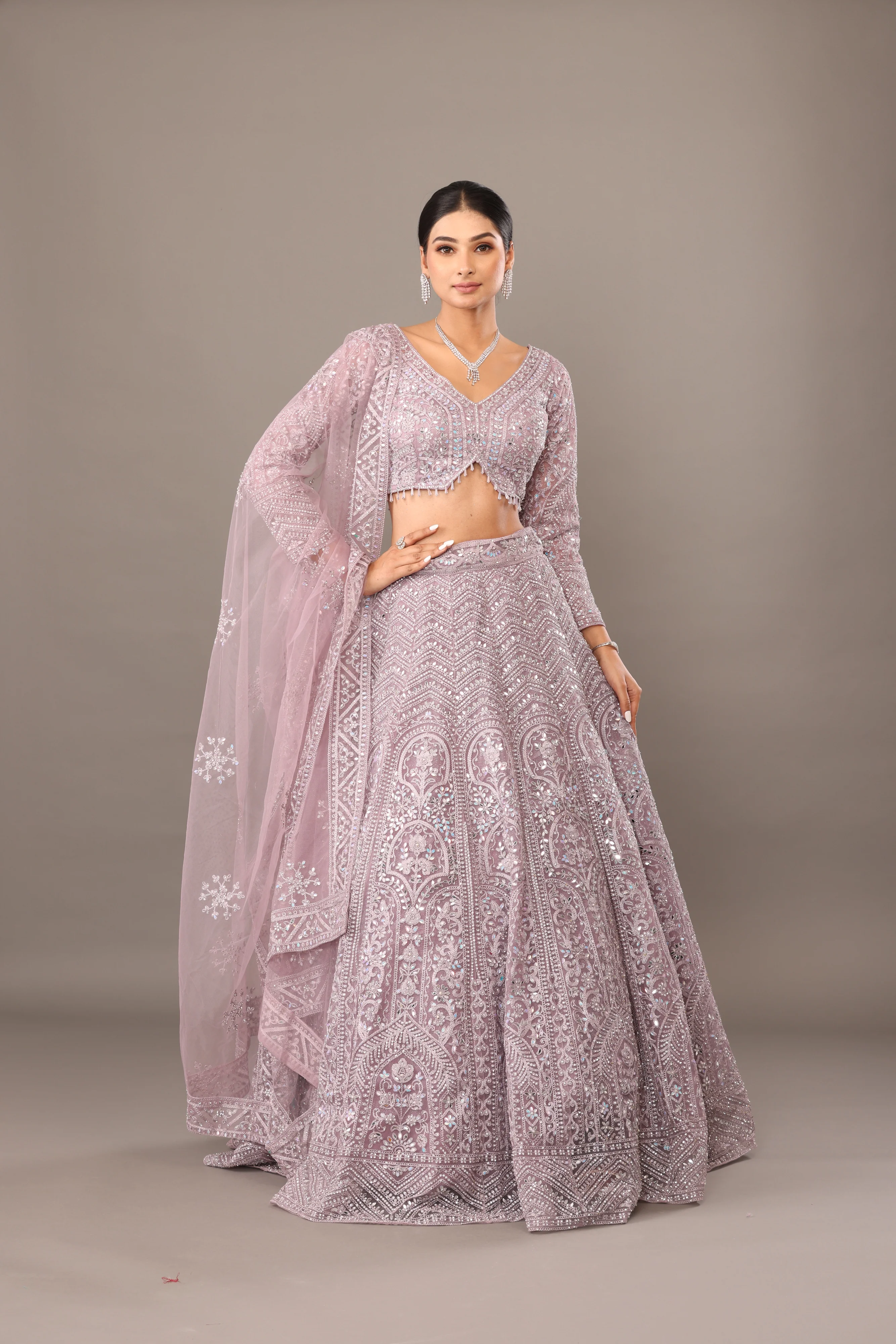 Lavender Net Lehenga with Embroidery