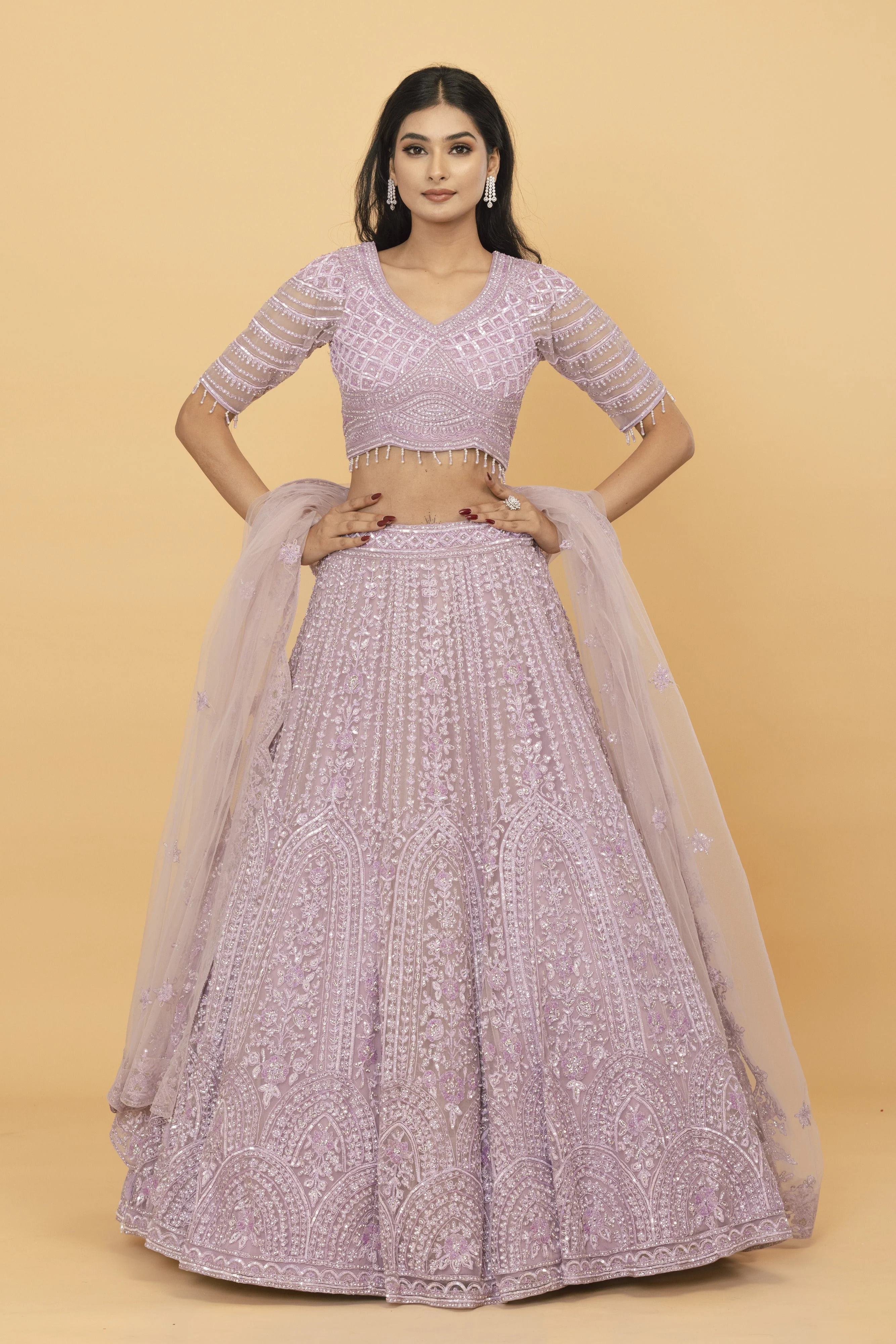 Lavender Net Lehenga with Cutdana Work - Image 2