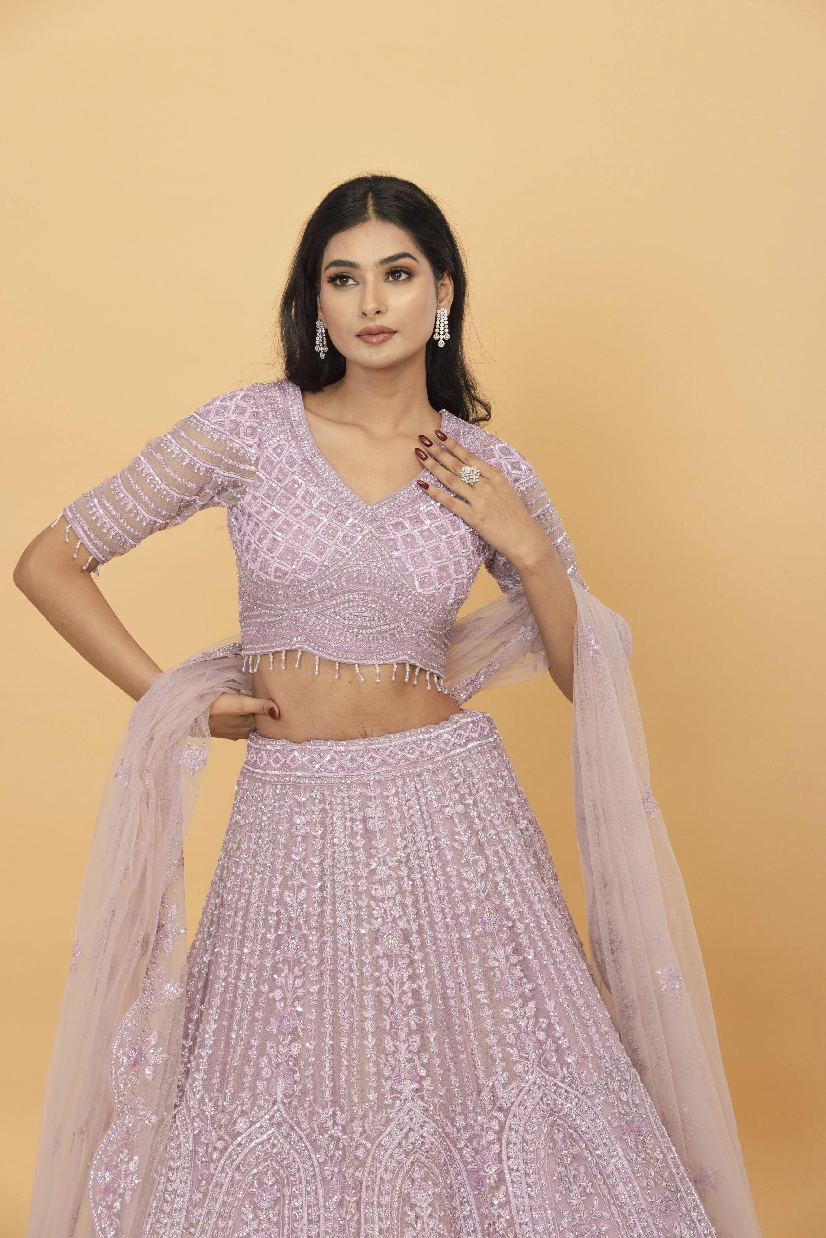 Lavender Net Lehenga with Cutdana Work - Image 3