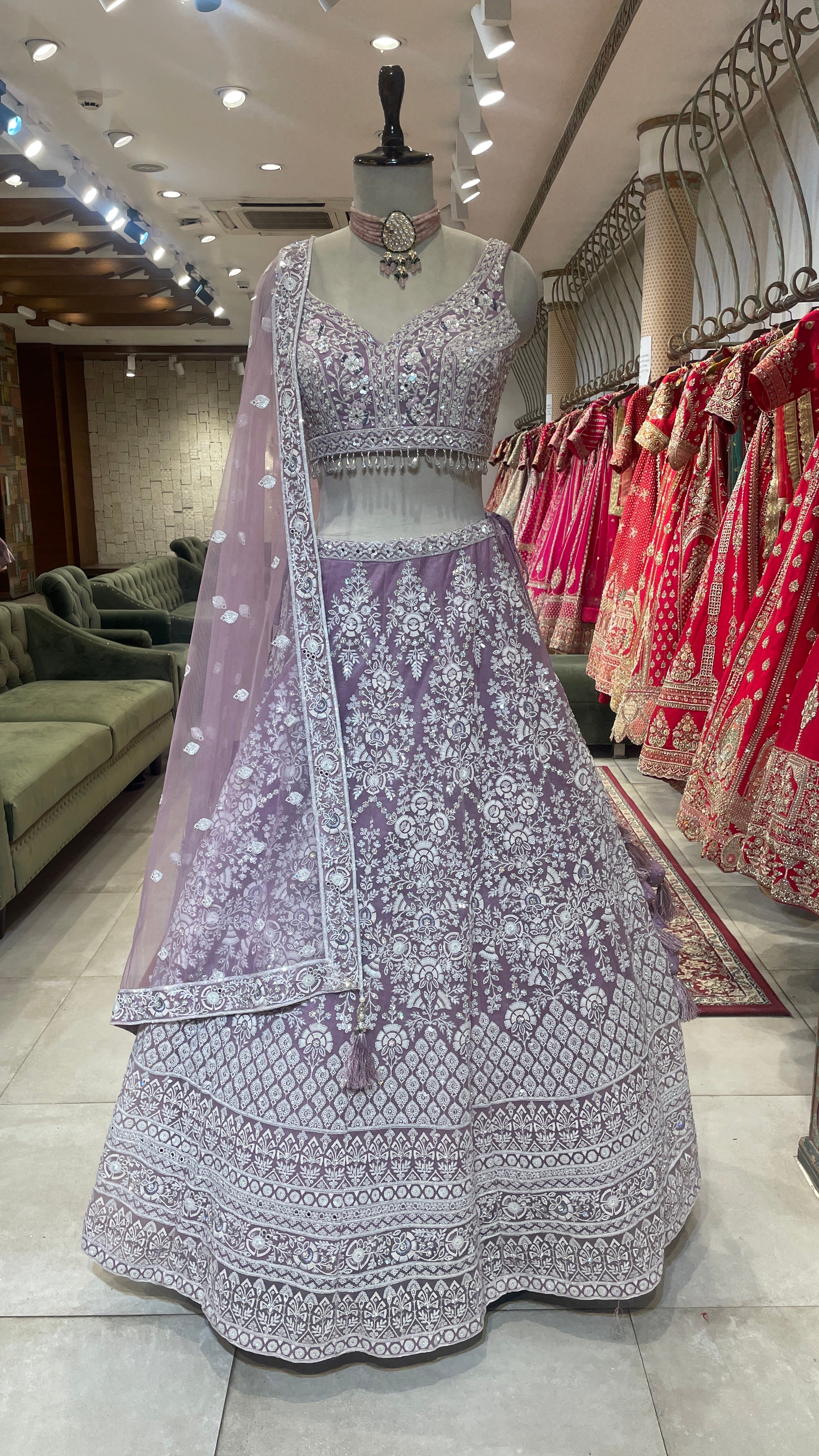 Lavender Net Lehenga with Sequins, Cutdana & Threadwork