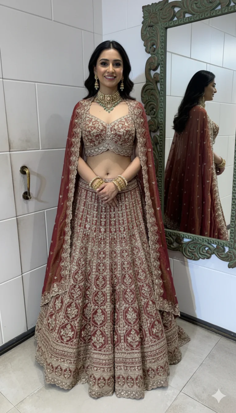 Maroon Hand-Embroidered Zardozi Velvet Lehenga Set
