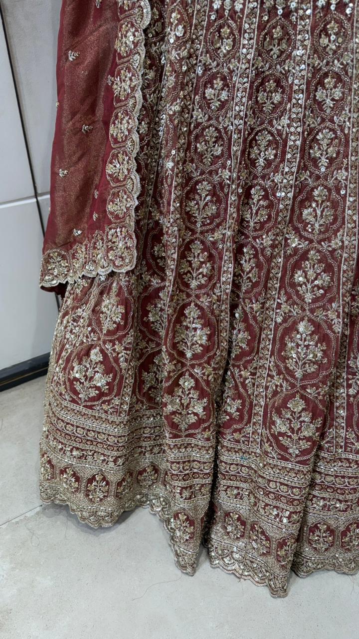 Maroon Hand-Embroidered Zardozi Velvet Lehenga Set - Image 2