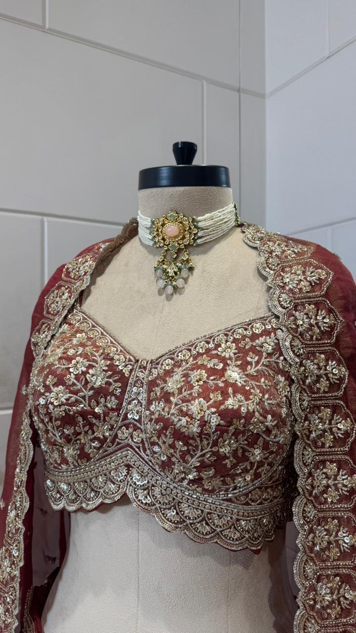 Maroon Hand-Embroidered Zardozi Velvet Lehenga Set - Image 3