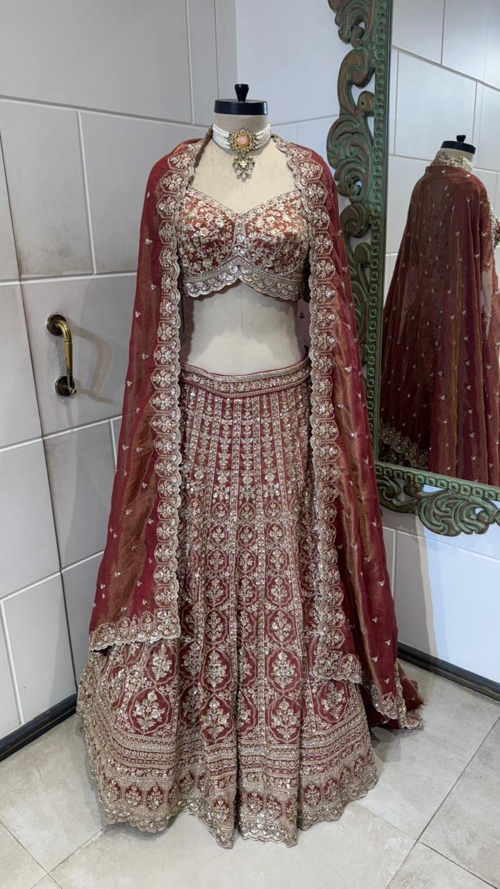 Maroon Hand-Embroidered Zardozi Velvet Lehenga Set - Image 4