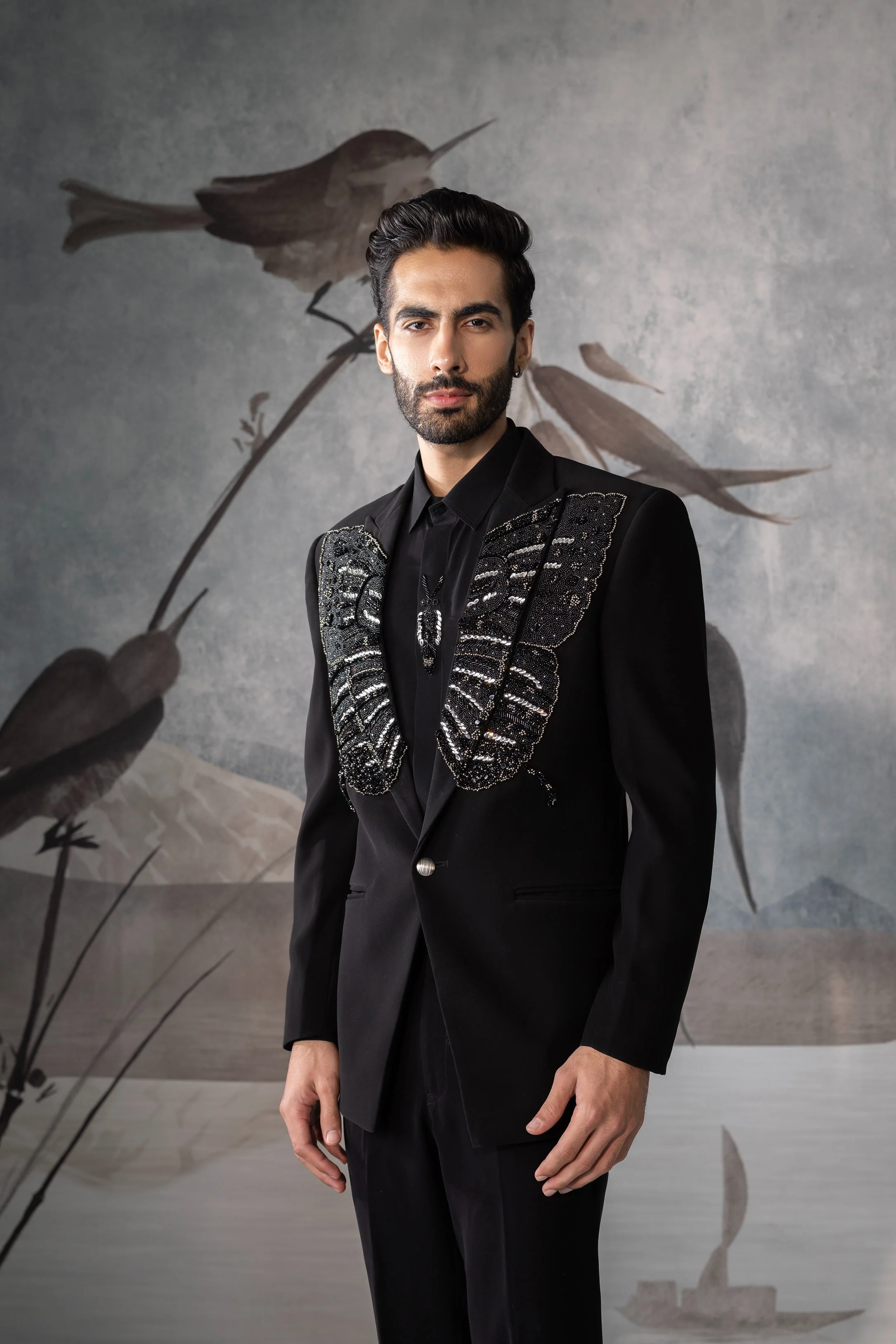 Men's Black Designer Tuxedo Suit with Embroidered Lapel - Image 3